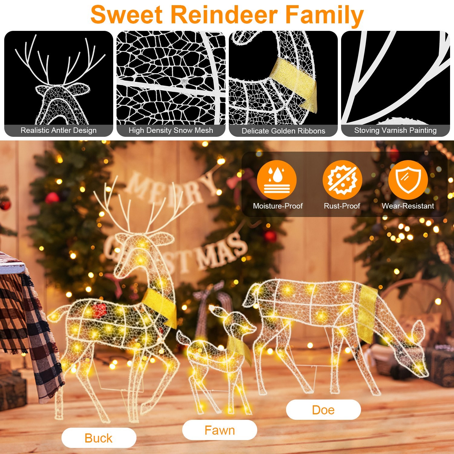 3 Sets Reindeer Family Lighted 2D Christmas Decoration Warm Yellow