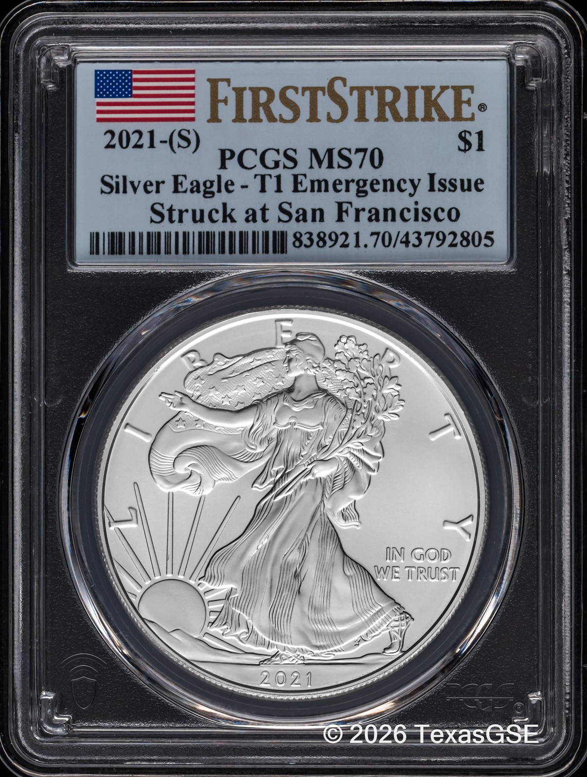 2021-S T1 Silver Eagle PCGS MS70 FS Emergency Issue - Struck at San Francisco