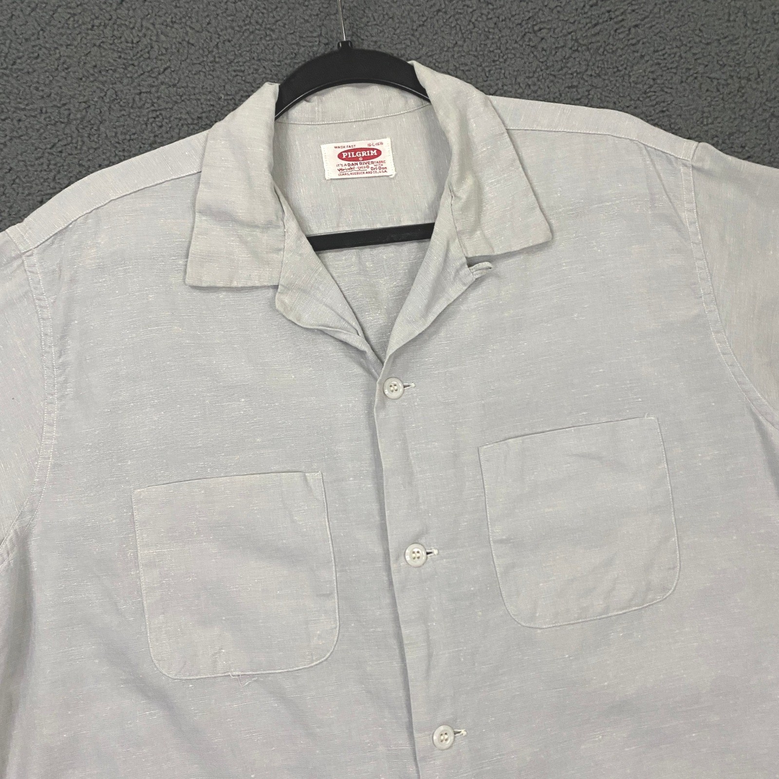 Vintage Pilgrim Dan Rivers Fabric Shirt Mens Large Gray Loop Camp Collar Boxy
