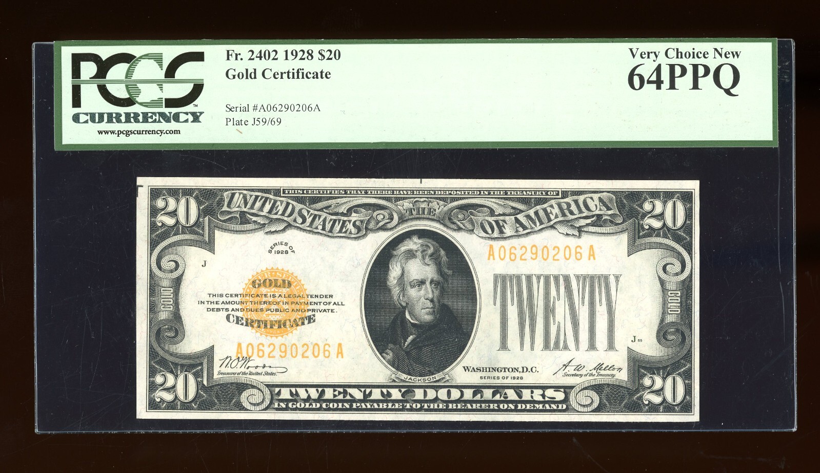 DBR 1928 $20 Gold Certificate Fr. 2402 PCGS 64 PPQ Serial A06290206A