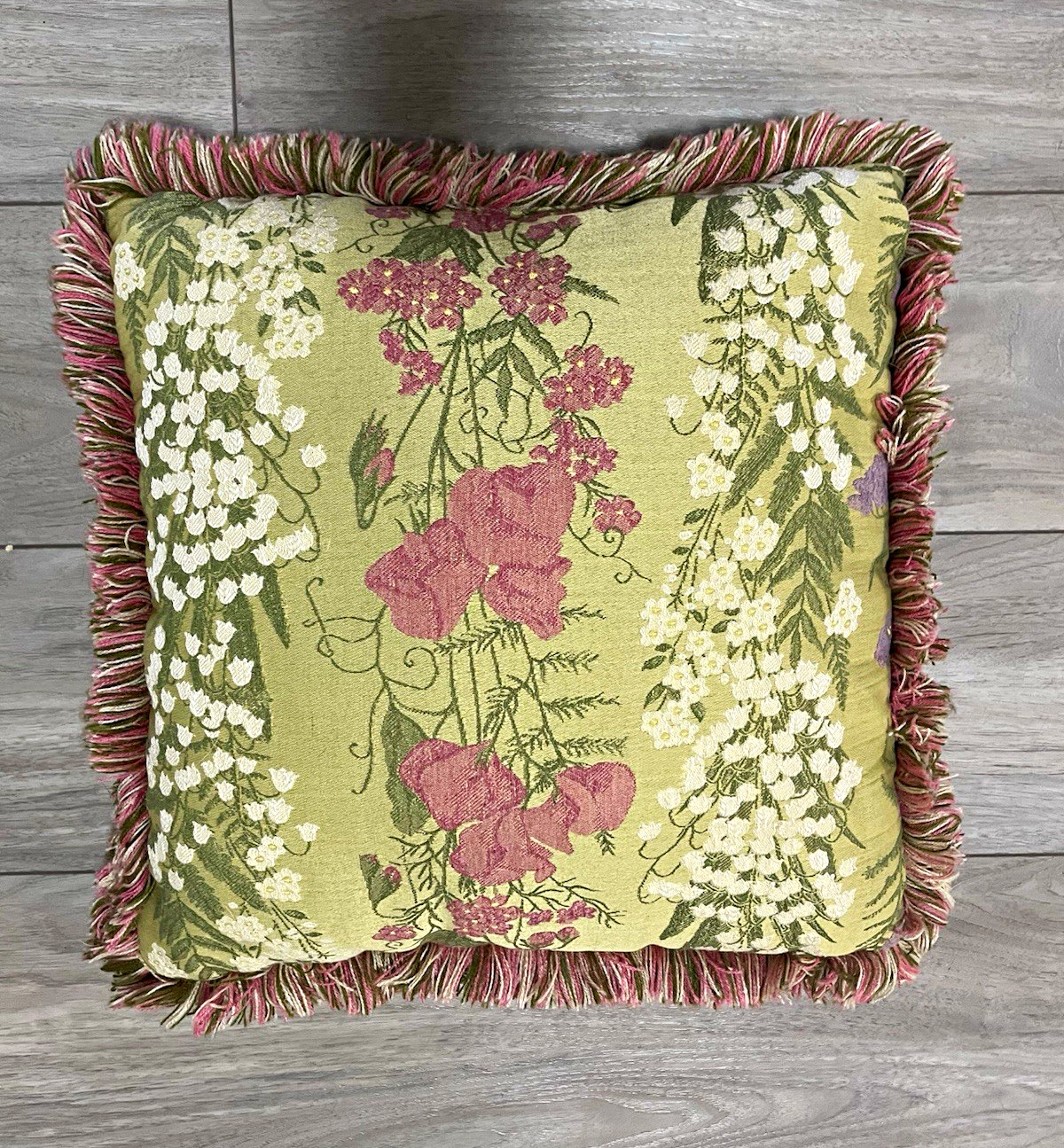 Vintage Tapestry Throw Pillow Green Pink Floral Fringe Trim Cottagecore Vintage Tapestry Throw Pillow Green Pink Floral Fringe Trim Cottagecore