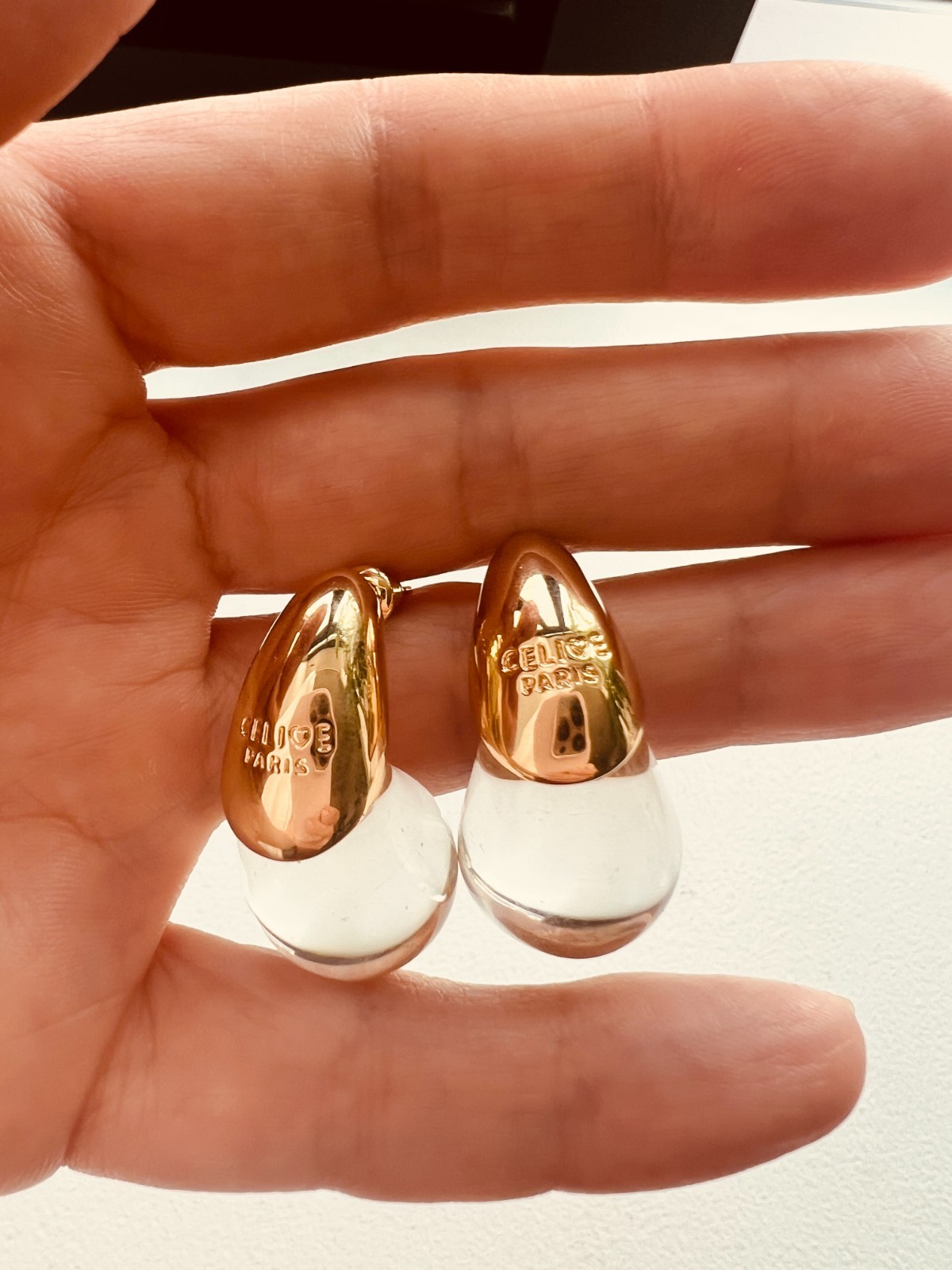 Vintage Earrings from Celine Paris Gold & Clear Teardrop