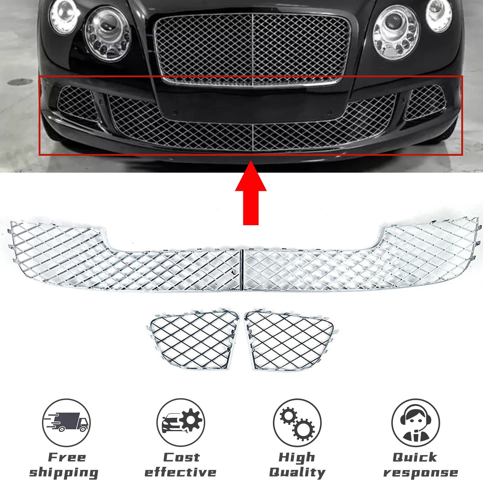 Fits For Bentley Continental Gt Gtc 2012-15 4PCS Chrome Bumper Lower Mesh Grille