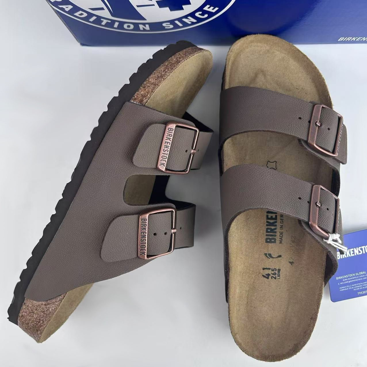 New w/box Birkenstock Arizona Mocha Birkibuc Leather Cork Footbed Unisex Sandals