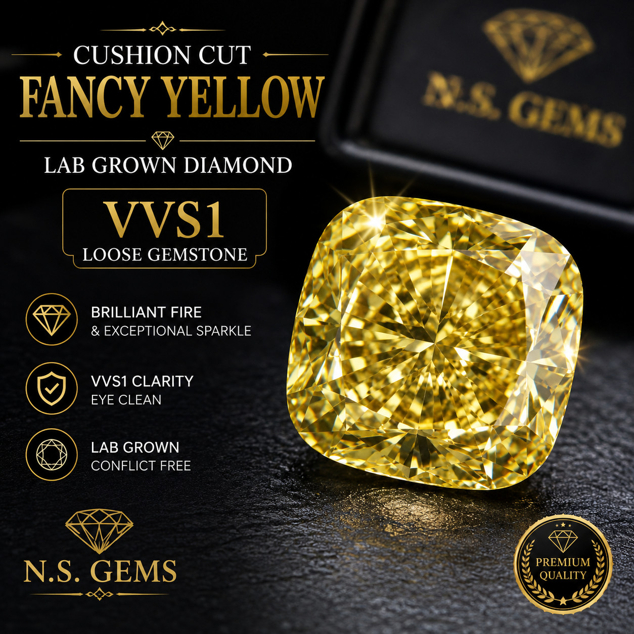 4 Ct Cushion Cut Fancy Yellow Lab Grown Diamond VVS1 Loose Gemstone. 4 Ct Cushion Cut Fancy Yellow Lab Grown Diamond VVS1 Loose Gemstone.