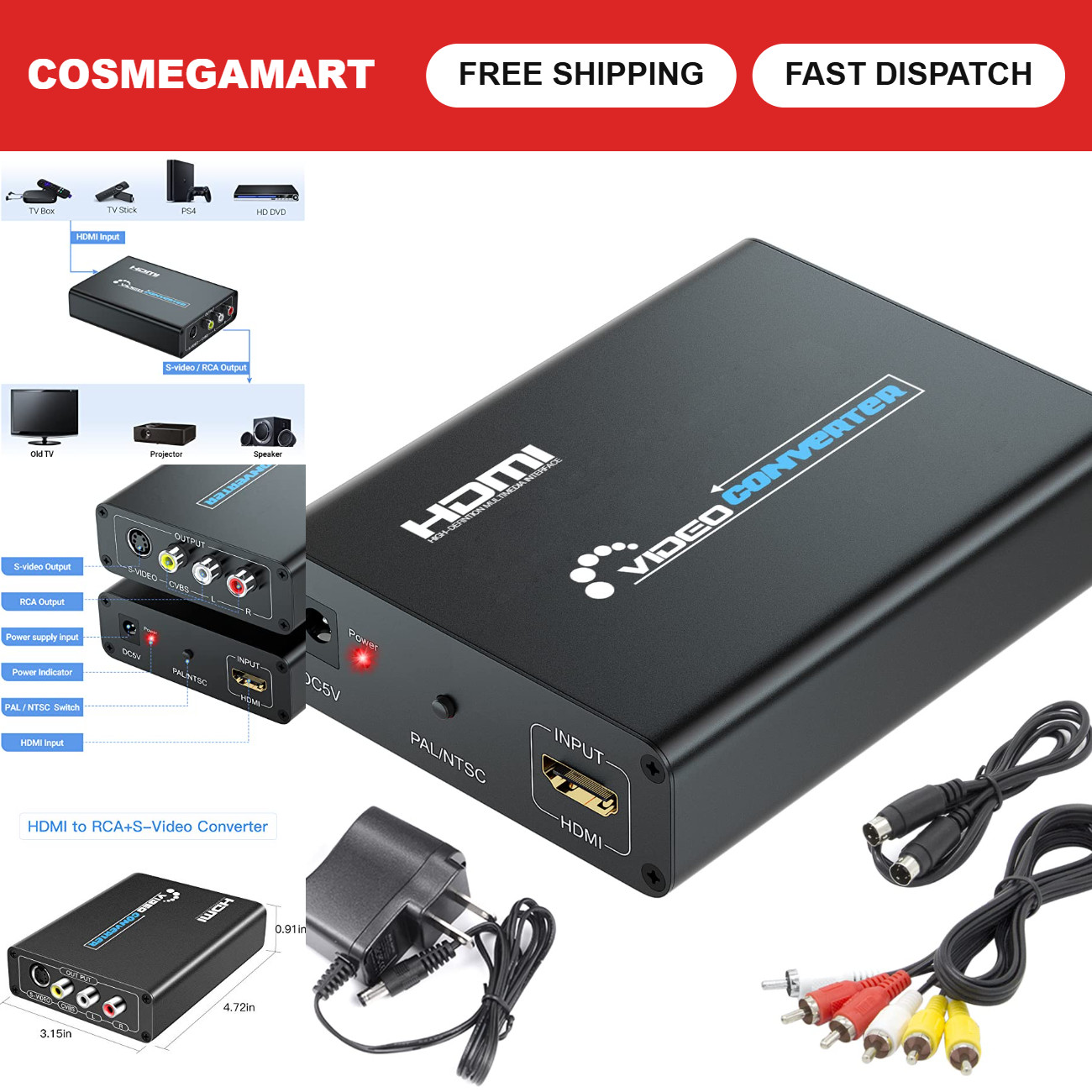 HDMI to S-Video & RCA Converter Adapter, HD Composite AV CVBS Video Cables HDMI to S-Video & RCA Converter Adapter, HD Composite AV CVBS Video Cables