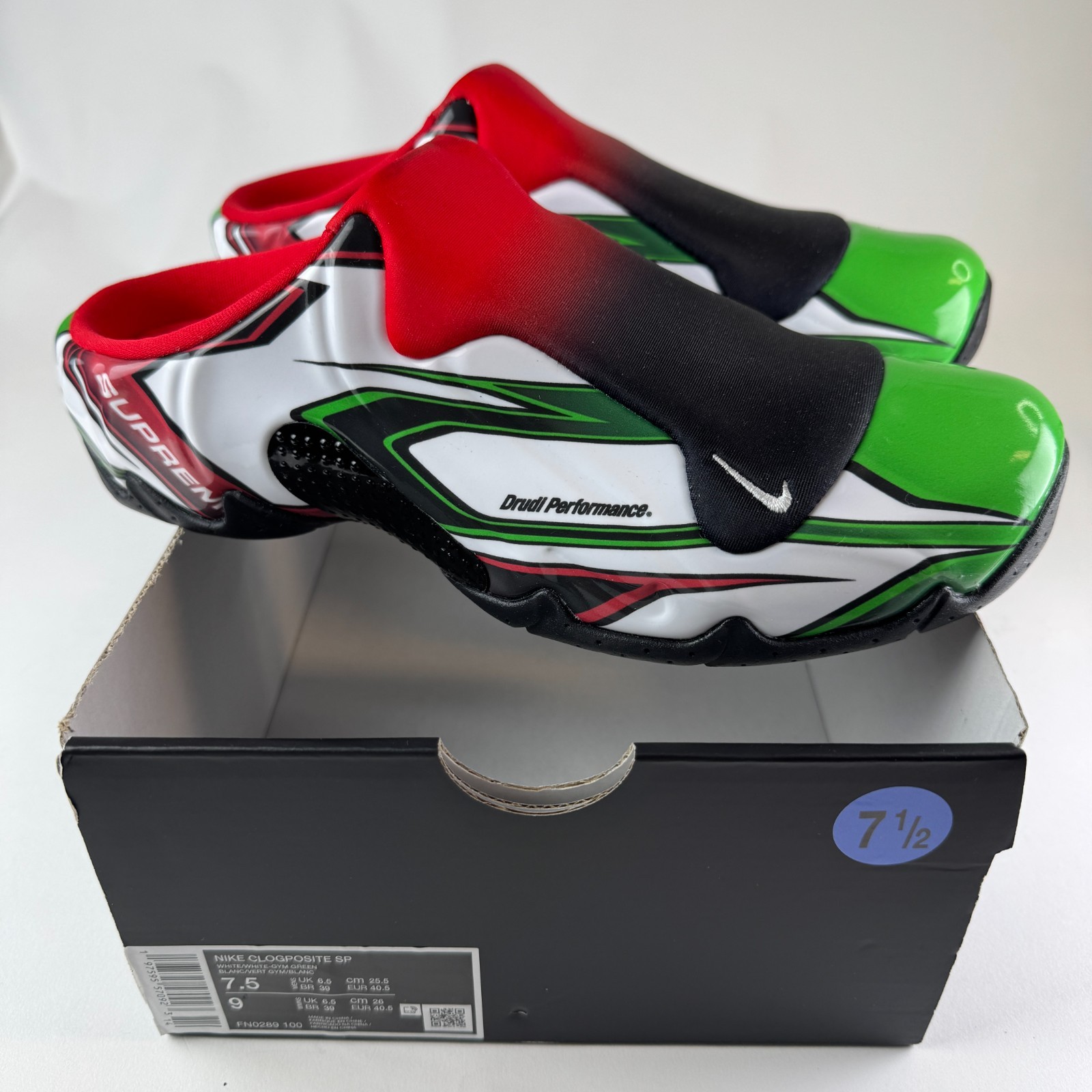 Nike X Supreme Clogposite SP Men Size 7.5 / Women Size 9 White / Gym Green Clogs Nike X Supreme Clogposite SP Men Size 7.5 / Women Size 9 White / Gym Green Clogs