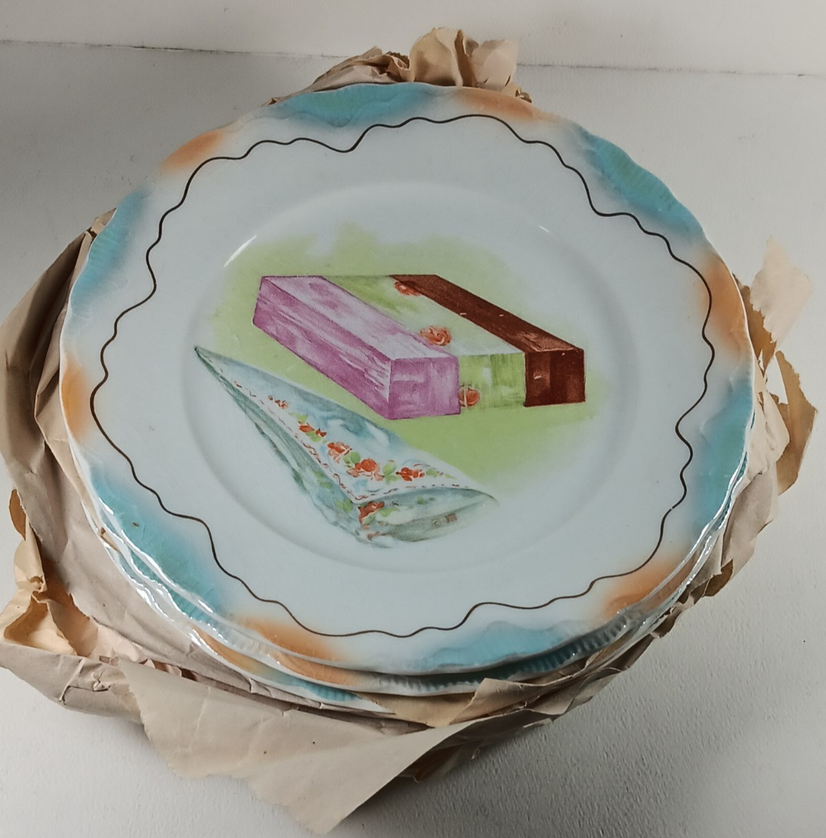 Set of (6) Antique and Graphic, Colorful Ice Cream Desert Plates 1910 era