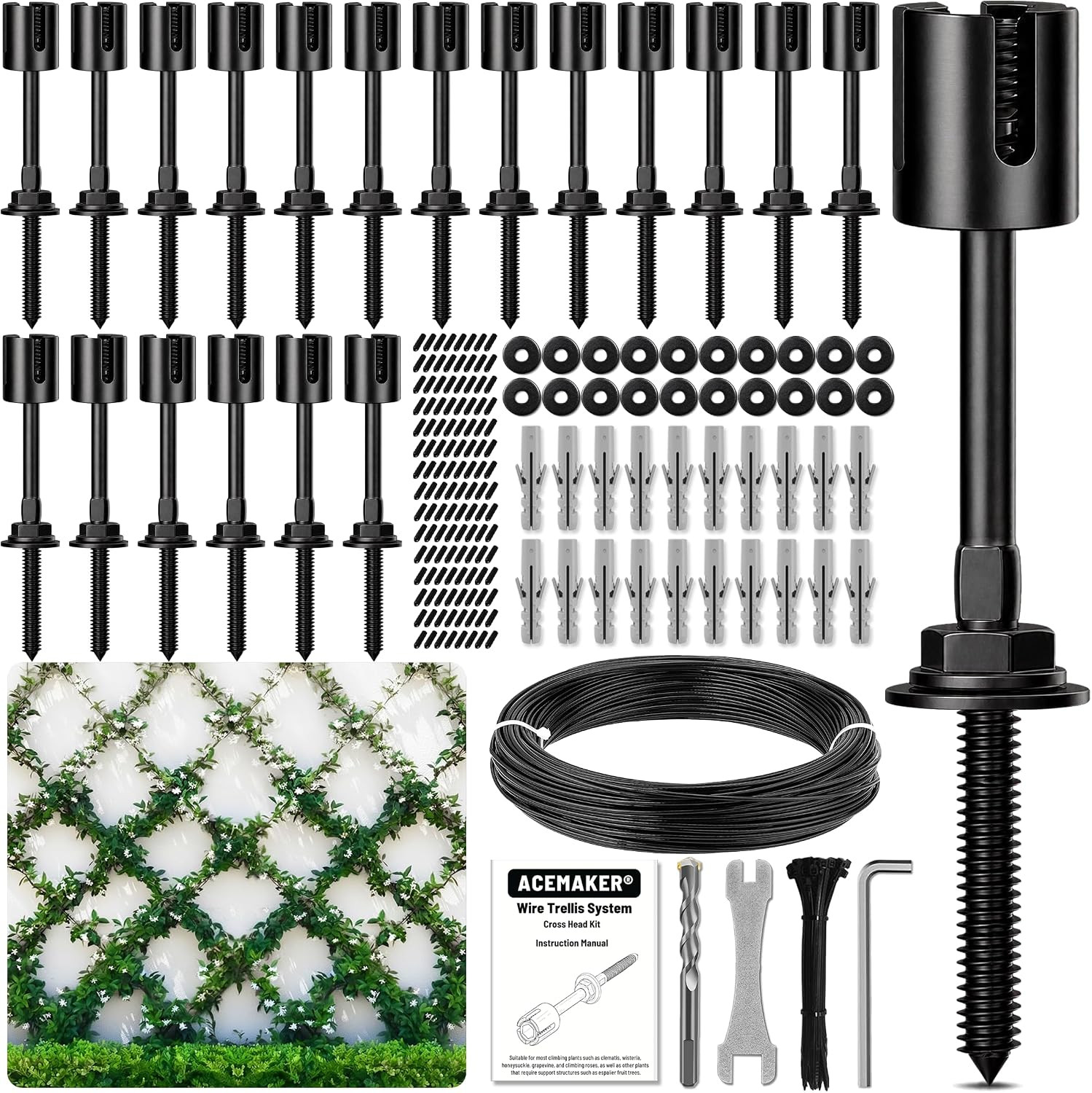 Wire Trellis Kit, 20-Set 1/8” Black Crosshead Kit with 98Ft Cable Wire Trellis Kit, 20-Set 1/8” Black Crosshead Kit with 98Ft Cable