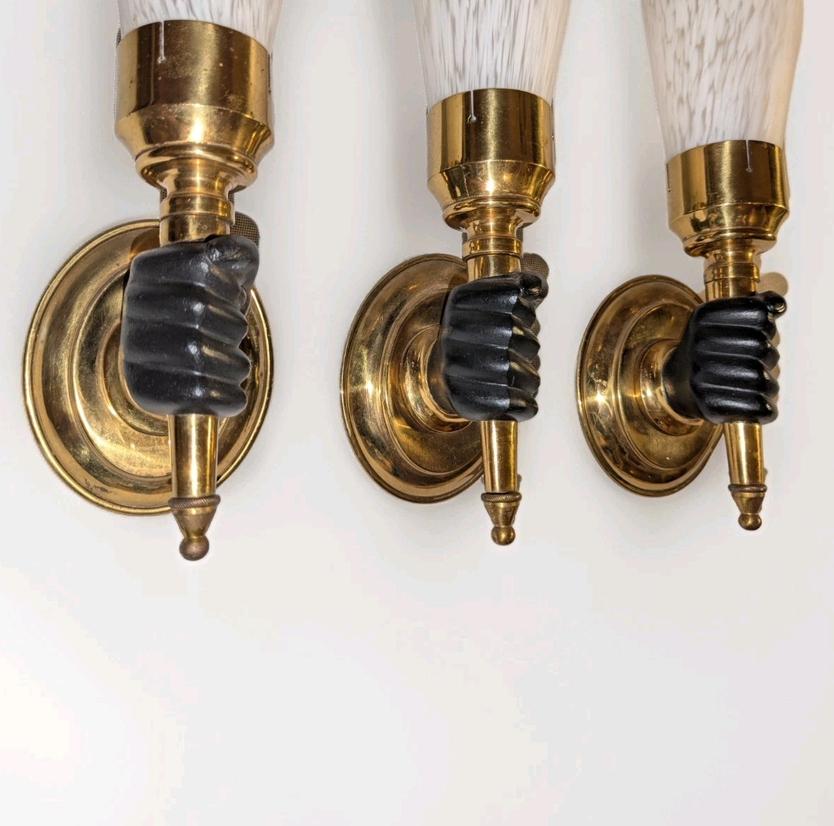 Three Vintage French Gilded Brass sconces Black Hand Torch