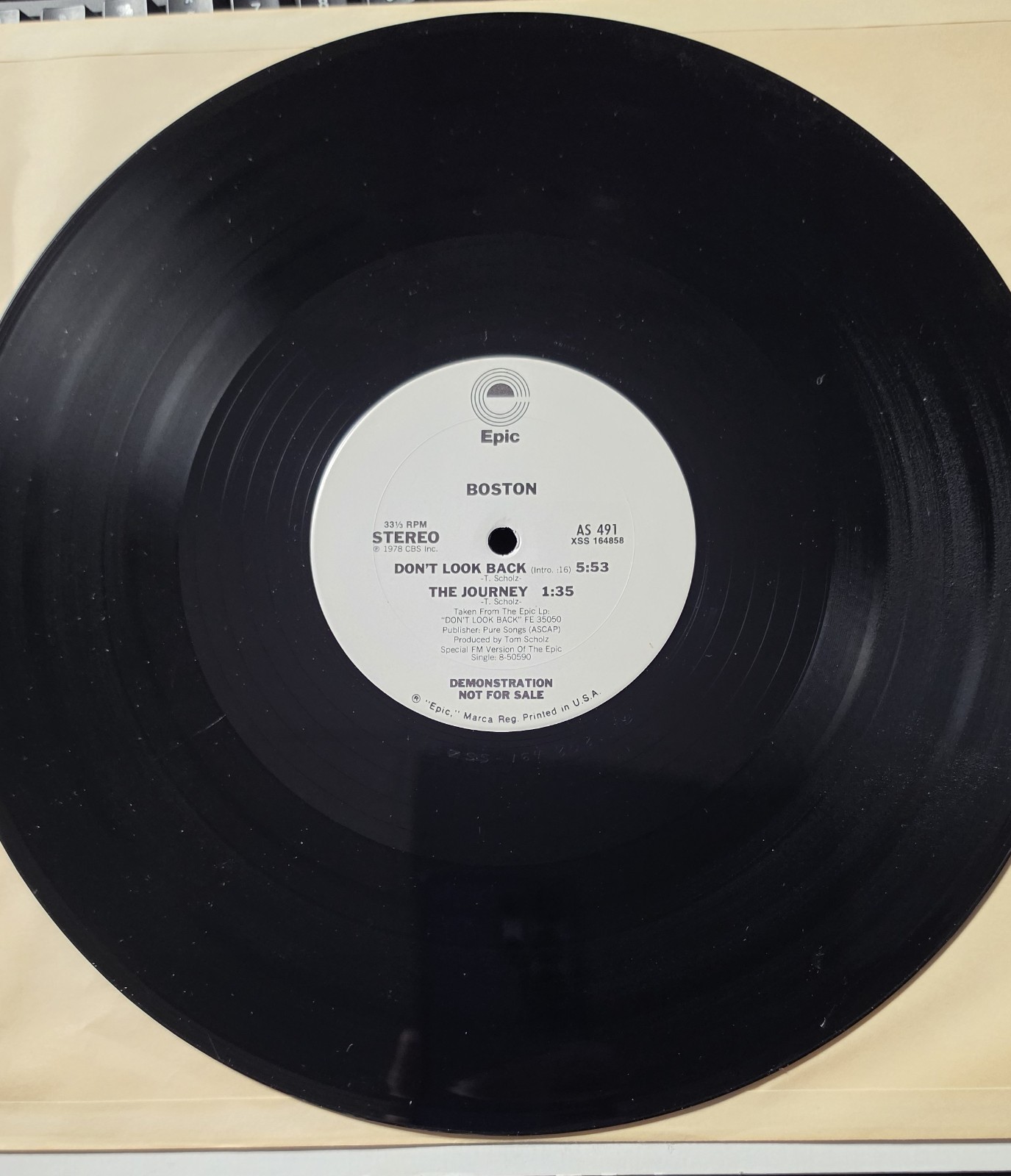 Boston Don't Look Back 12 inch Vinyl DJ Promo Single-never played-stamped promo Boston Don't Look Back 12 inch Vinyl DJ Promo Single-never played-stamped promo