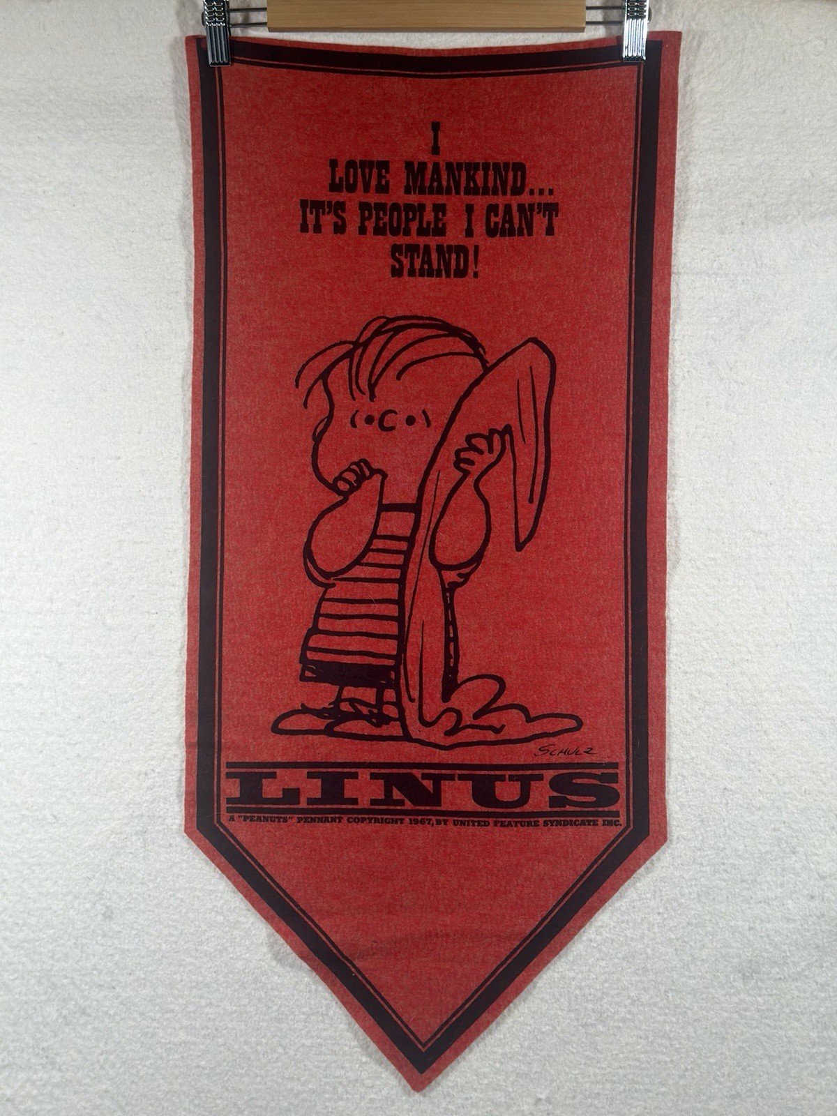 Vintage 1967 Peanuts Linus Felt Pennant I Love Mankind Schulz Banner 33x15in