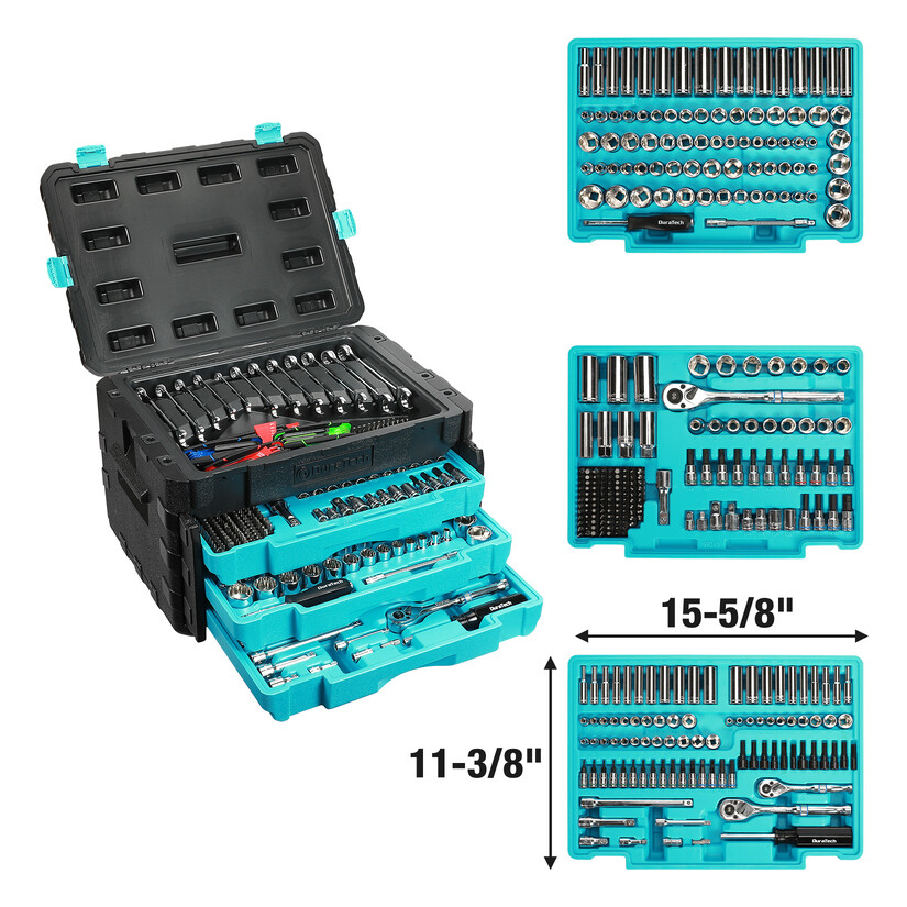 DURATECH 497 Pcs Mechanics Tool Set w/SAE and Metric Sockets w/3 Drawer Tool Box