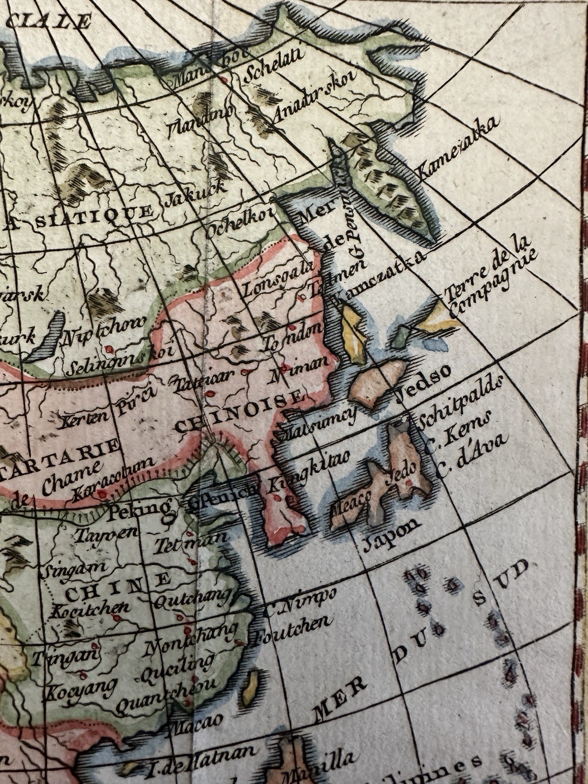 Asia Arabia to China Korea 1750 Vaugondy engraved hand colored miniature map
