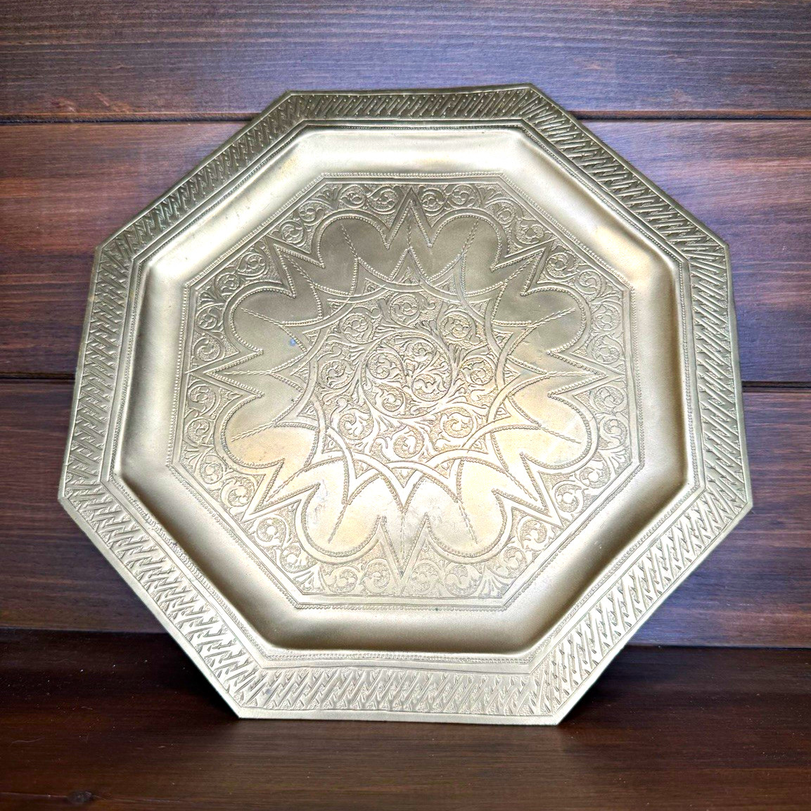 Vintage Hand Engraved Middle Eastern Octagonal Solid Brass Tray Vintage Hand Engraved Middle Eastern Octagonal Solid Brass Tray
