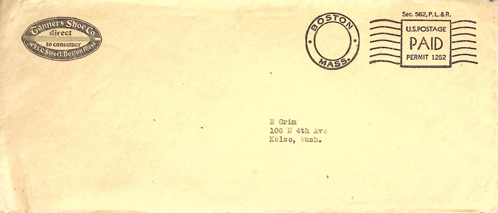 Vintage 1930s–1940s Shoe Company Advertising Envelope – Tanner’s Shoe Co.