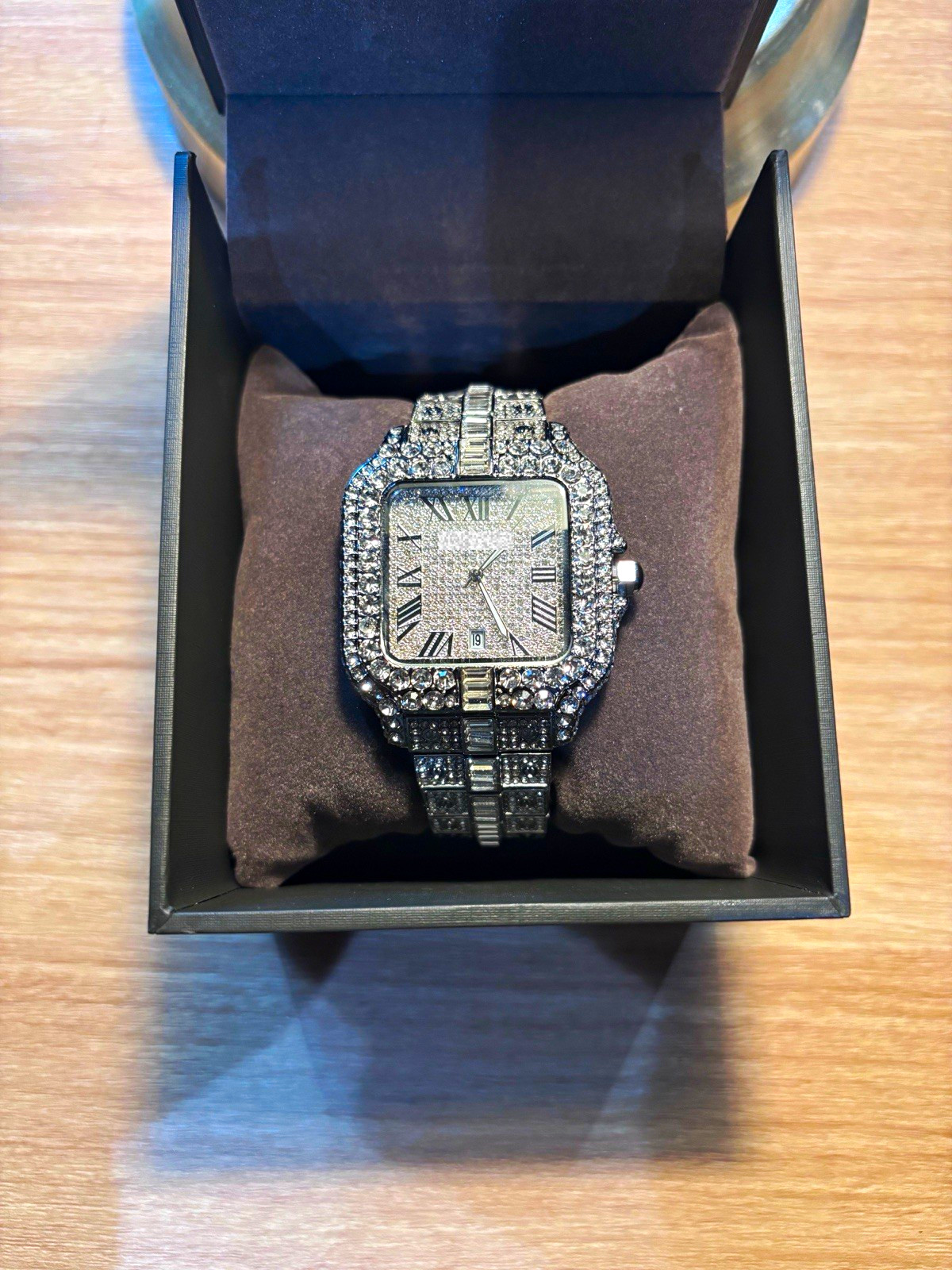 Iced Out Moissanite Square Analog Quartz Date Roman Dial Watch Iced Out Moissanite Square Analog Quartz Date Roman Dial Watch