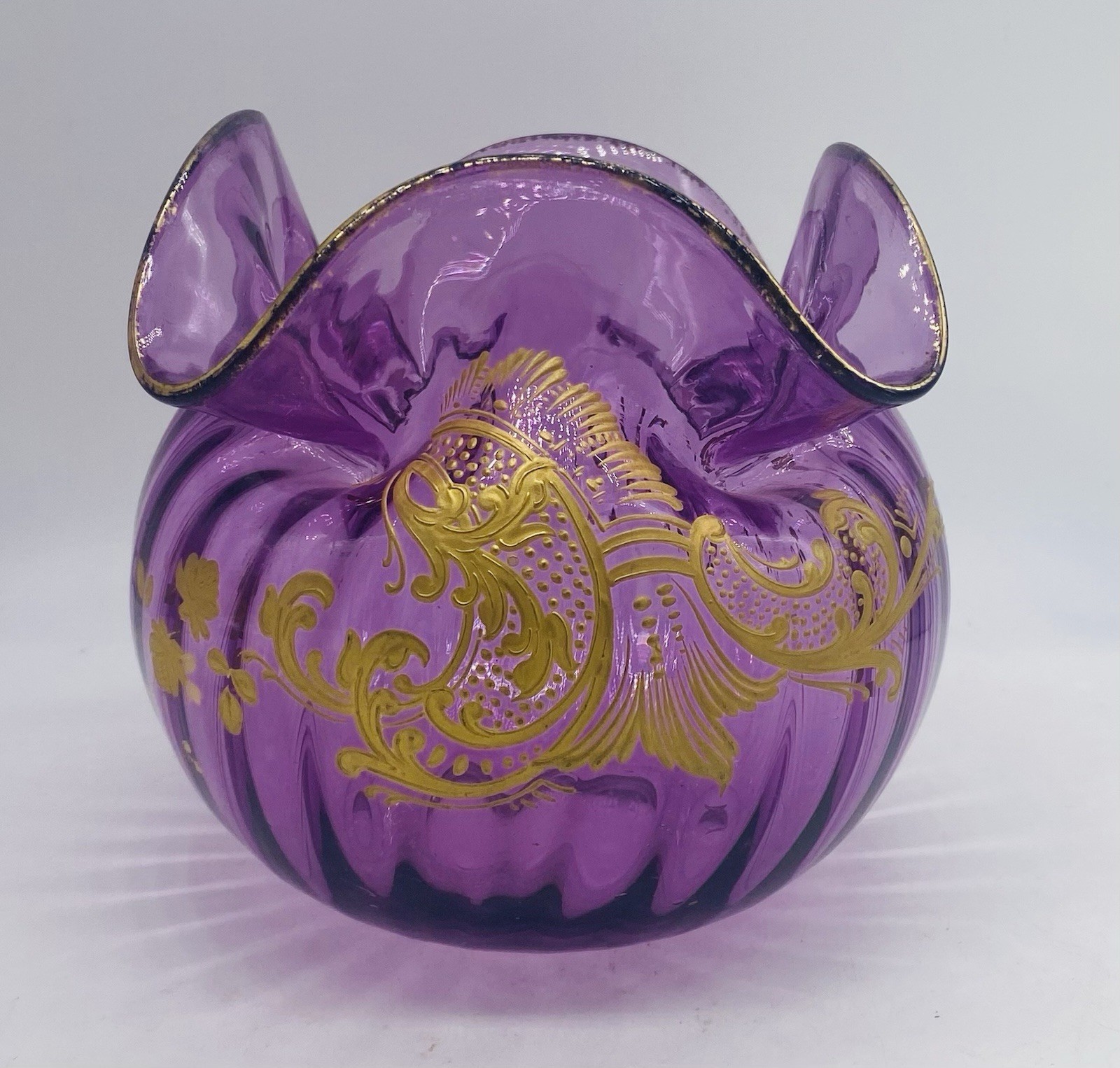 Stunning ART NOUVEAU FRENCH LEGRAS Purple Rose Bowl Vase W/ Gold Enamel Stunning ART NOUVEAU FRENCH LEGRAS Purple Rose Bowl Vase W/ Gold Enamel