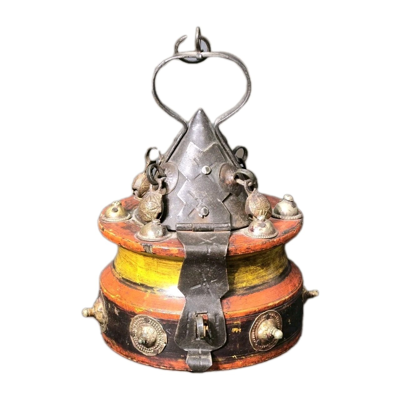 19th C Antique Indian Temple Hanging Oil Lamp Hand Painted Wood & Brass