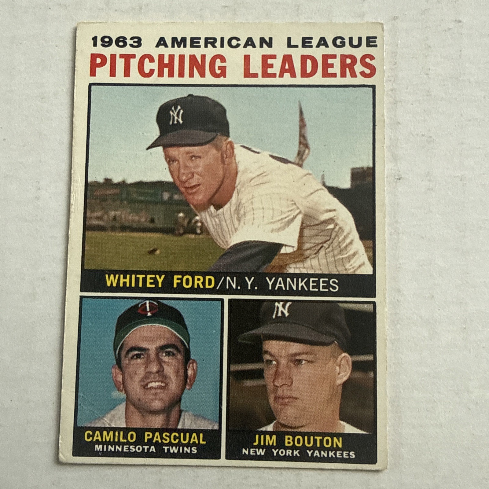 1964 Topps 1963 AL Pitching Leaders Whitey Ford Camilo Pascual Jim Bouton #4 1964 Topps 1963 AL Pitching Leaders Whitey Ford Camilo Pascual Jim Bouton #4