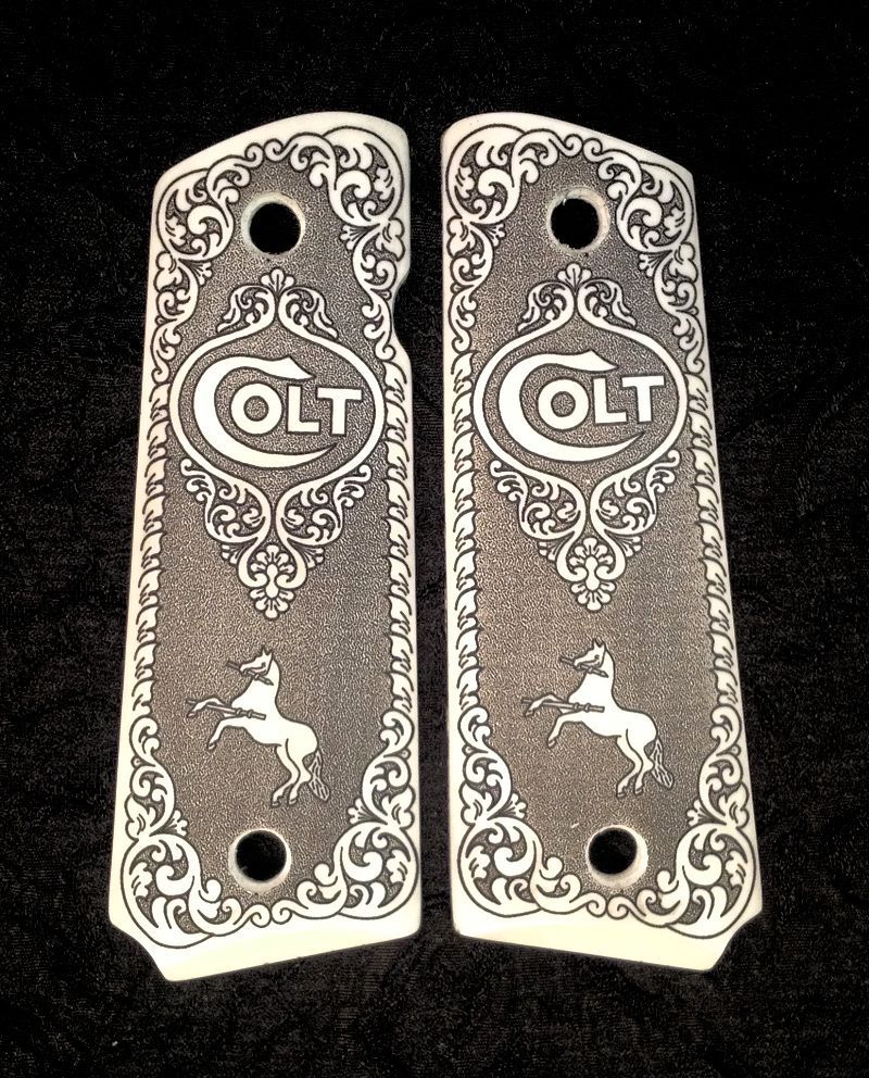 Colt 1911 custom ivory scrimshaw grips Scroll Rampant Horse Logo Colt 1911 custom ivory scrimshaw grips Scroll Rampant Horse Logo