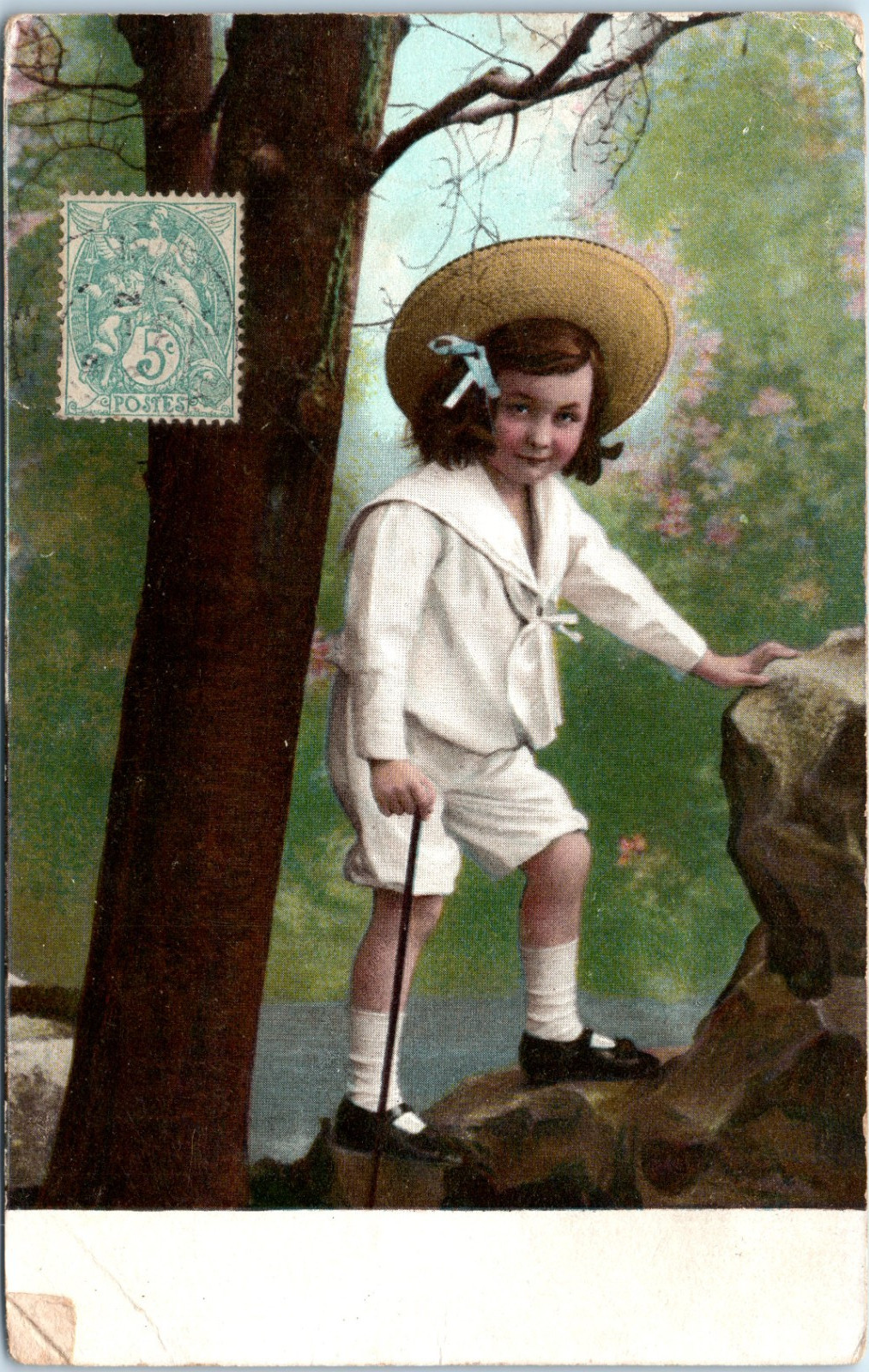 Vintage Postcard 1903 Girl Tree Hat Blue Ribbon Child Portrait Stamp Attached