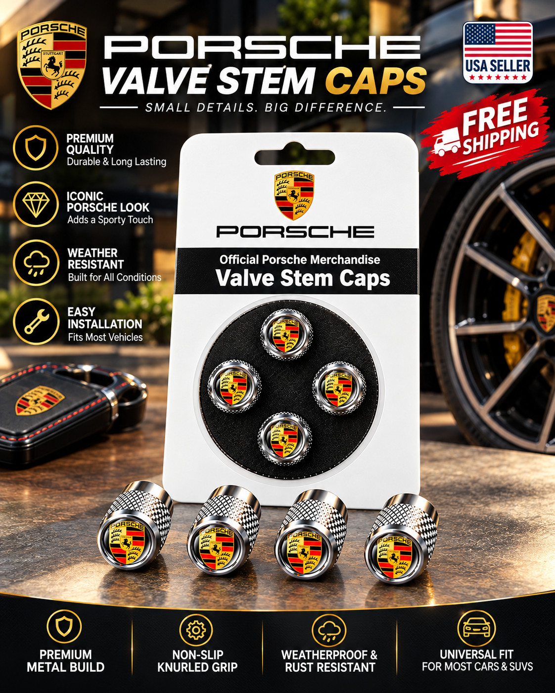 Genuine Porsche Premium OEM Tyre Valve Dust Caps (4x) in Gloss Silver valve caps