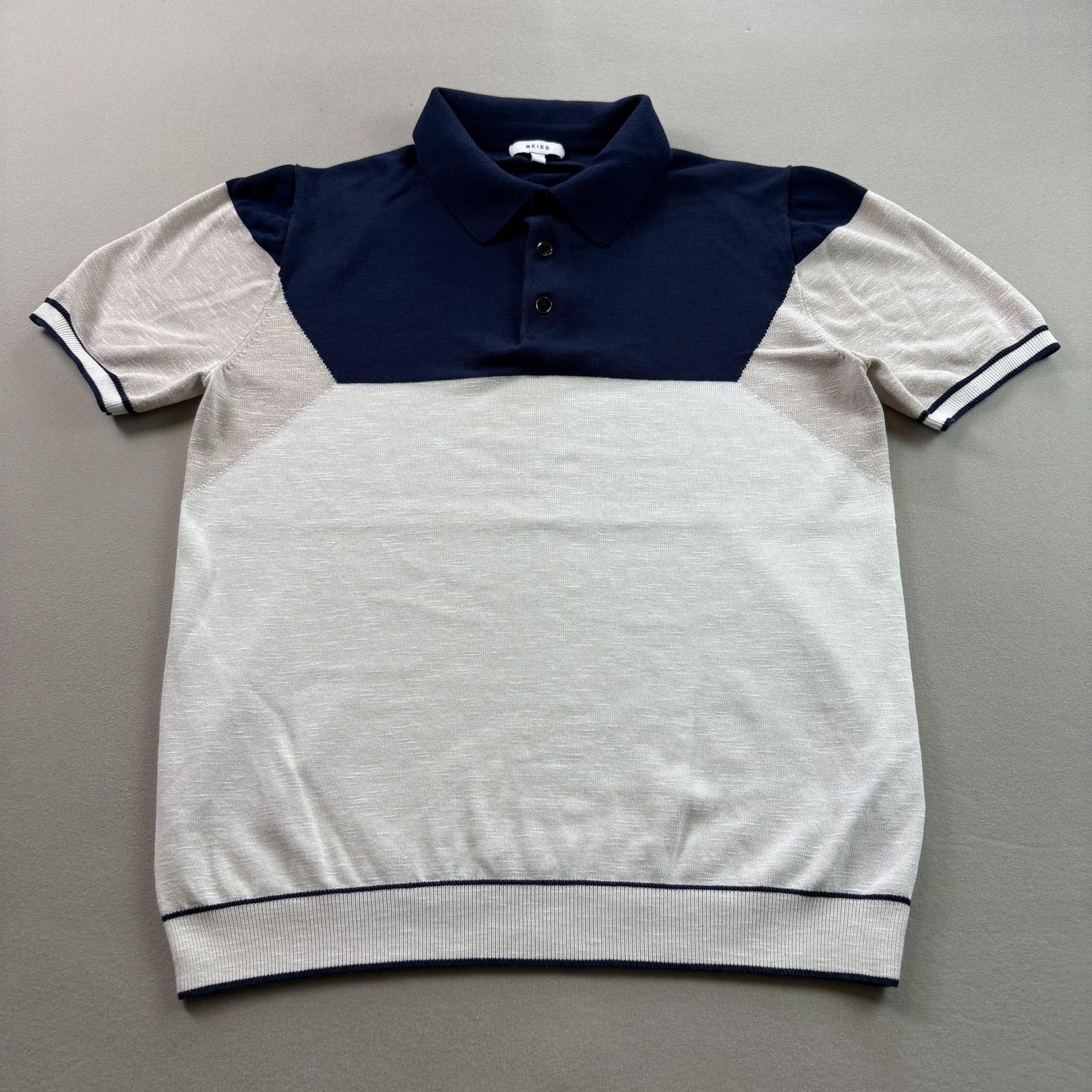 Reiss Polo Shirt Mens Medium Blue Cream Multicolor Colorblock Knit Short Sleeve Reiss Polo Shirt Mens Medium Blue Cream Multicolor Colorblock Knit Short Sleeve