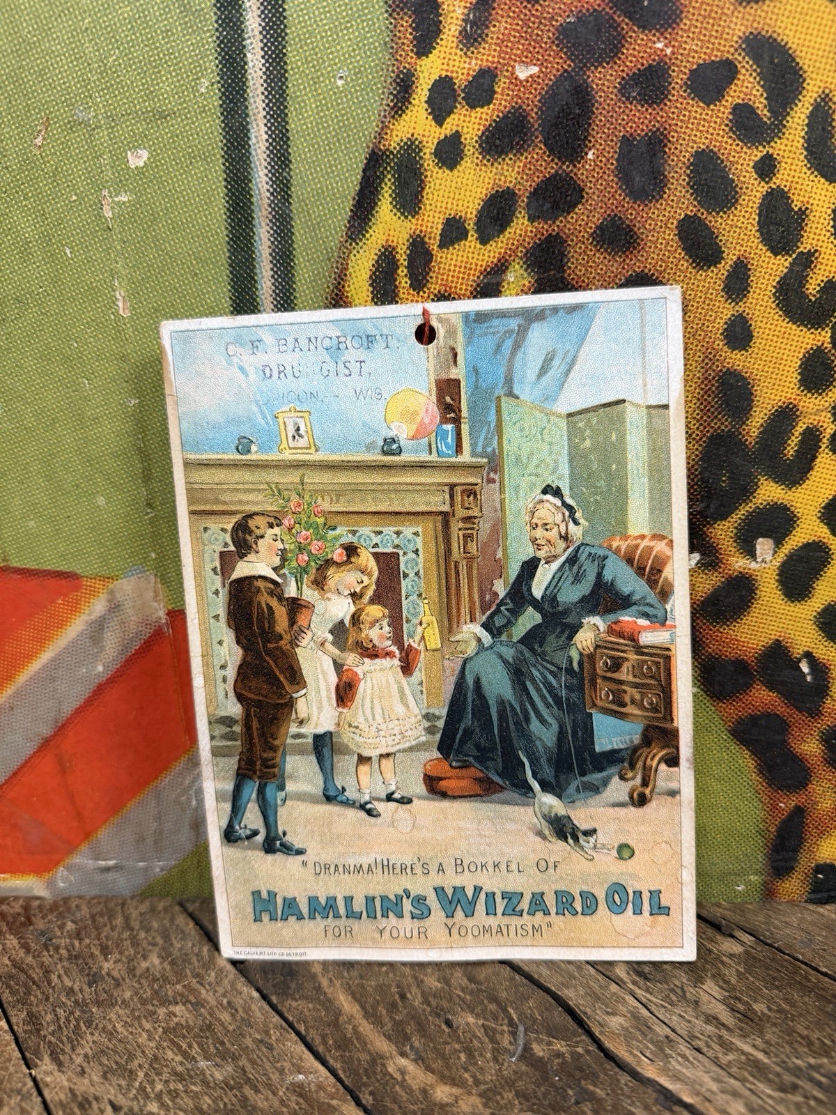 ANTIQUE C. 1880 HAMLINS WIZARD OIL HANGING SIGN FAN PULL DRUG STORE MEDICINE HTF