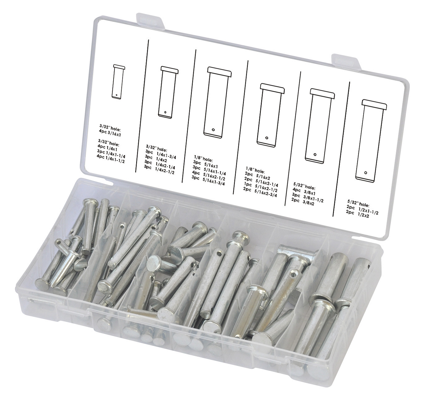 60pc Clevis Pin Assortment 21 Different Sizes in Storage Case Kit 60pc Clevis Pin Assortment 21 Different Sizes in Storage Case Kit