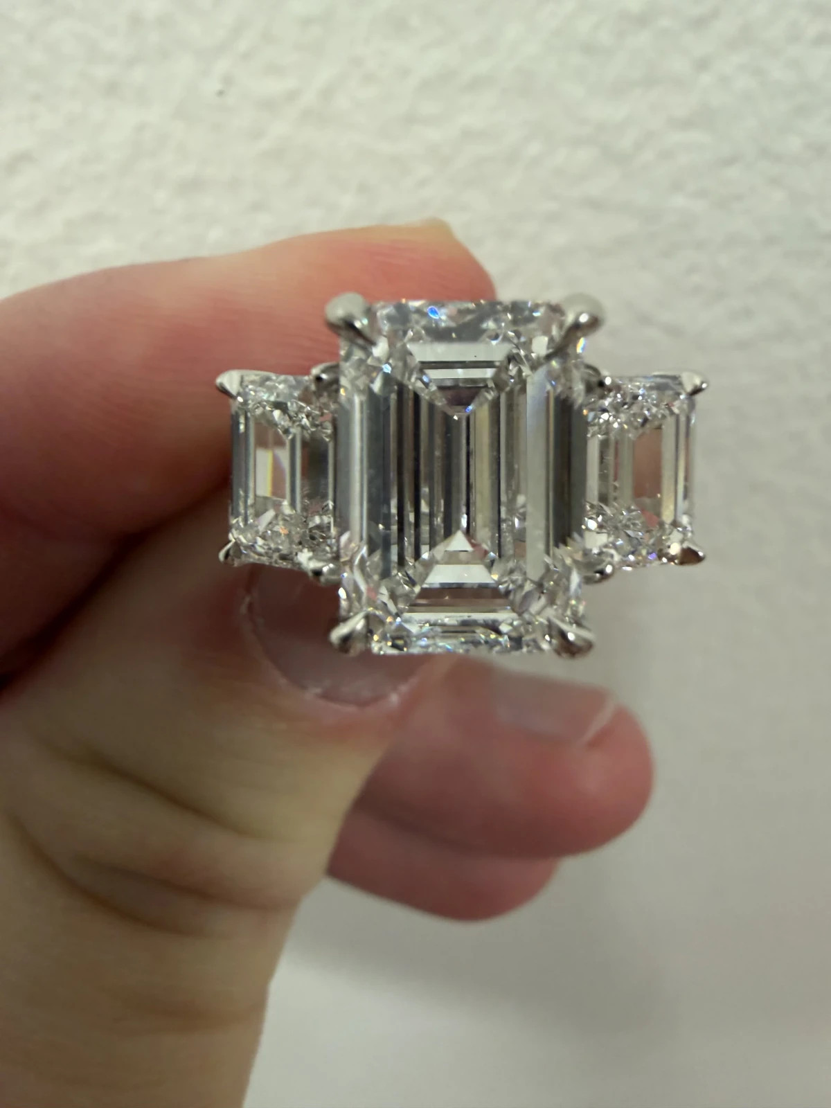 5.50 Ct Emerald Cut VS1 Lab Grown Diamond Three Stone Bridal Ring 14k White Gold