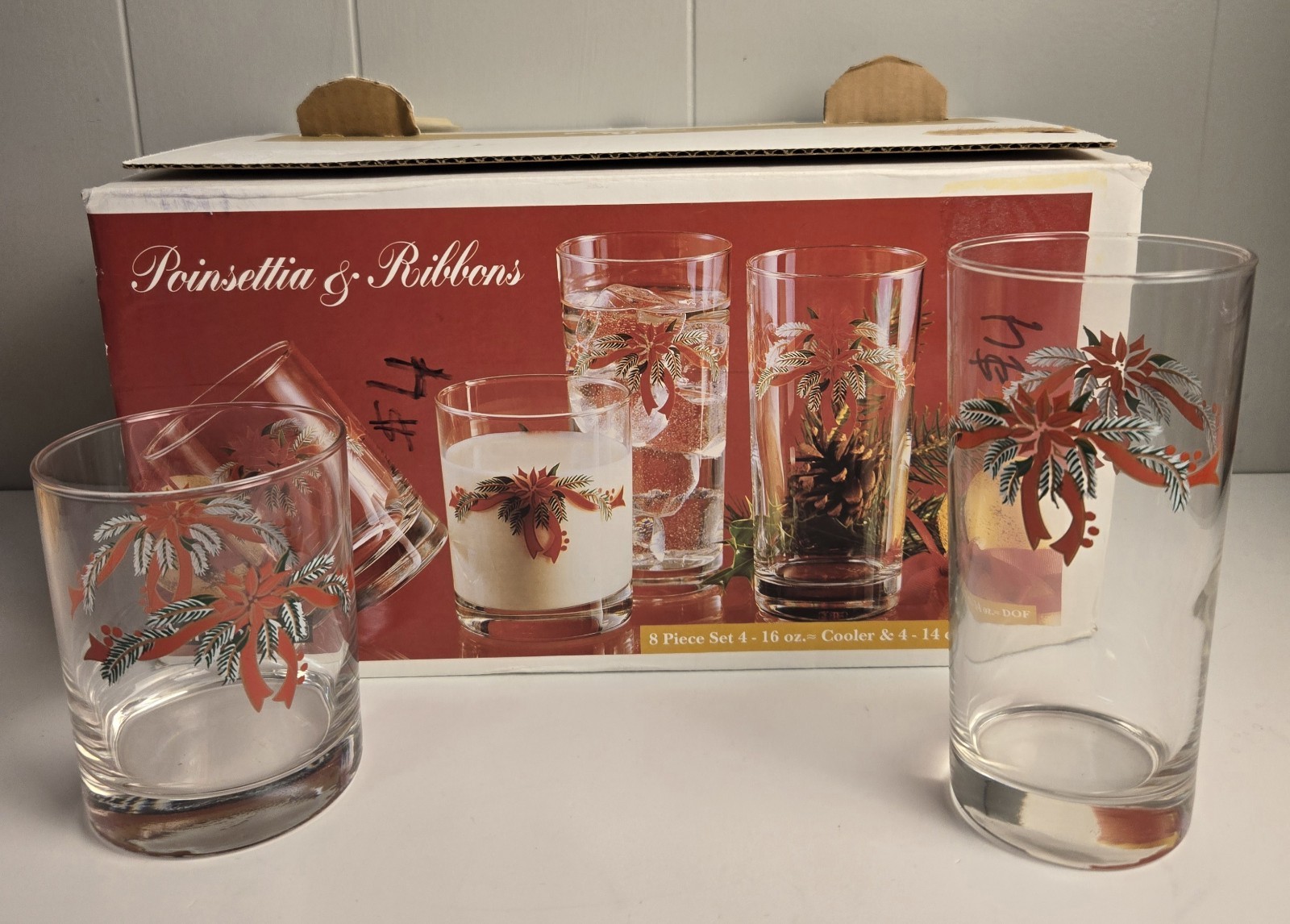 Luminarc Christmas Poinsettia Ribbons Drinking Glasses 8 Pc Set Original Box