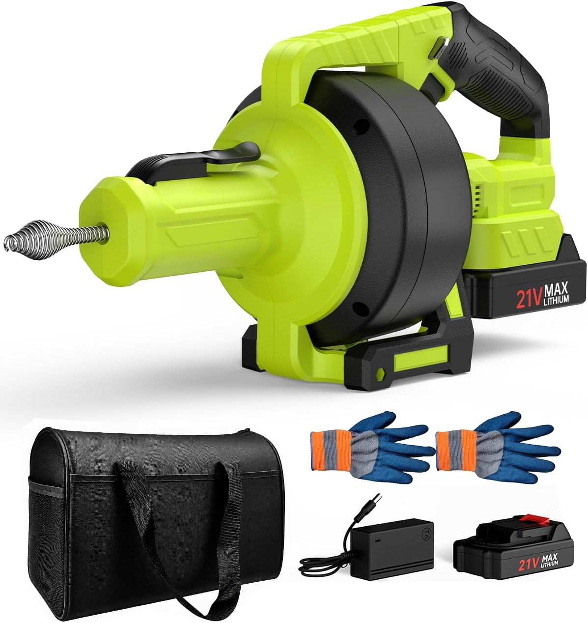 21V Cordless Electric Drain Auger, 25Ft Auto-Feed Snake for Sink