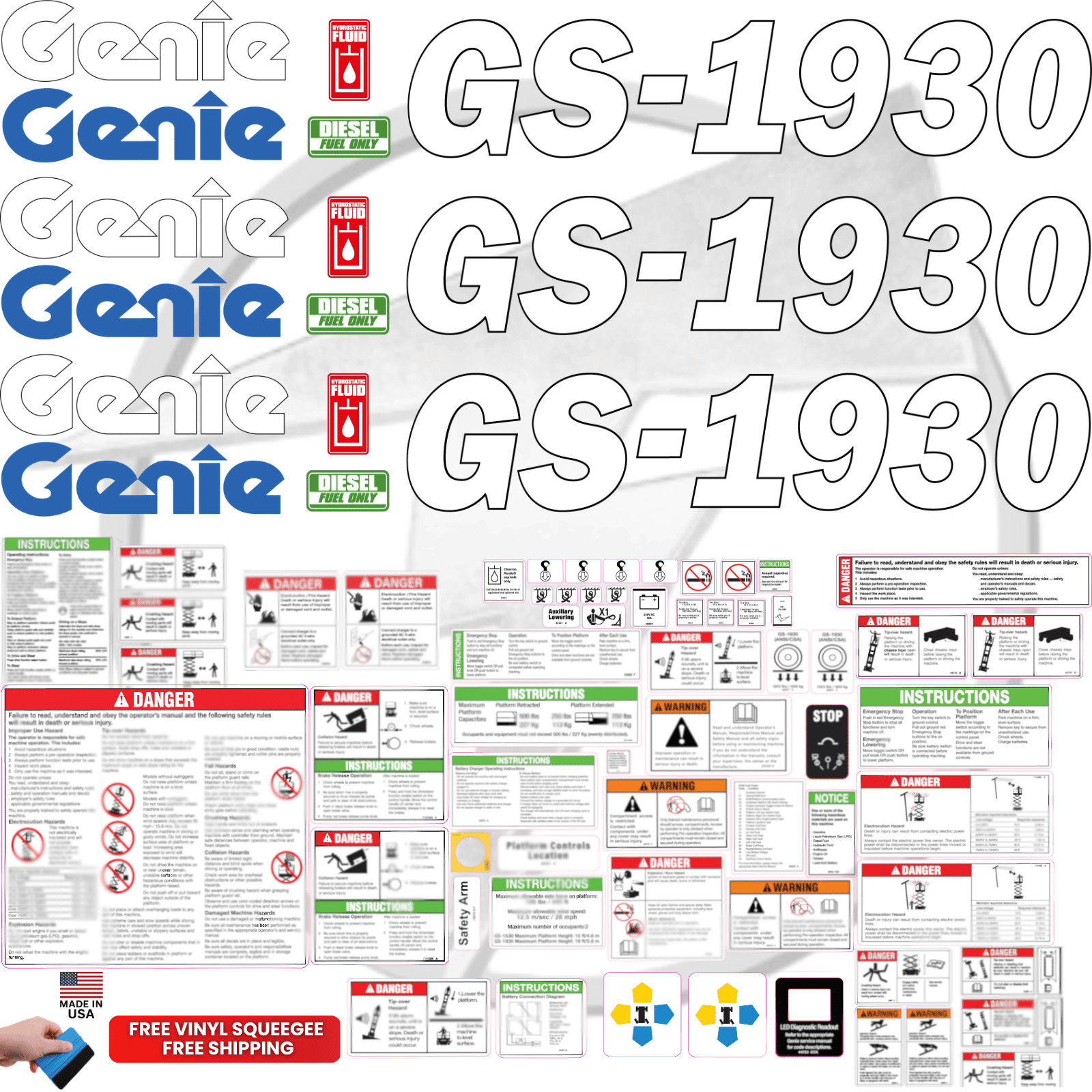 Fits Genie GS-1930 Scissor Lift Decal Kit – Laminated 3M Vinyl / 