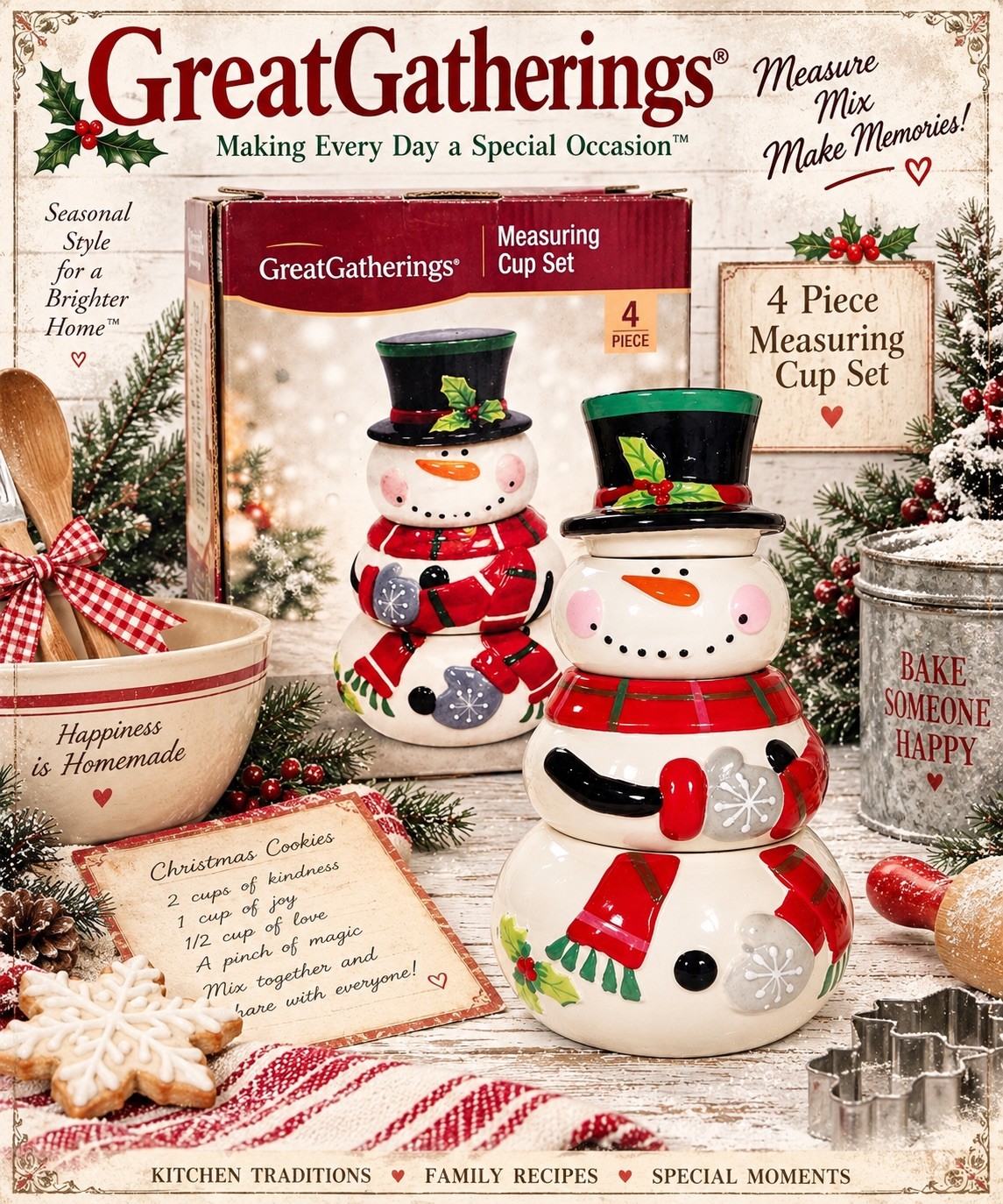 Great Gatherings Set Of 4 Snowman Ceramic Measuring Cups 1/4c, 1/3c, 1/2c, 1cup Great Gatherings Set Of 4 Snowman Ceramic Measuring Cups 1/4c, 1/3c, 1/2c, 1cup