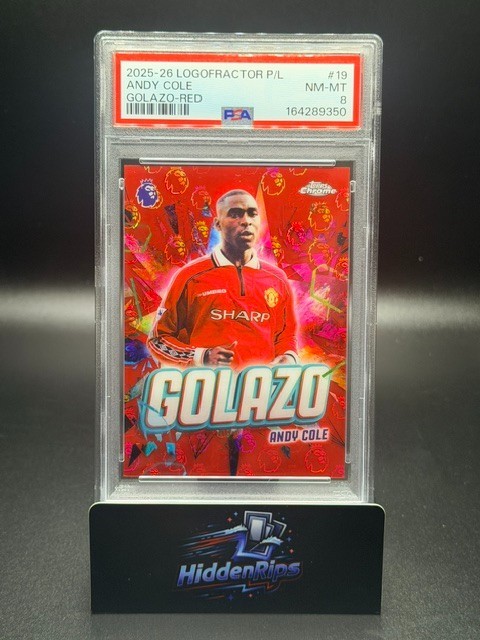 2025-26 Topps Chrome Logofractor Andy Cole #GZ-19 Golazo Red /5 PSA 8 Man Utd