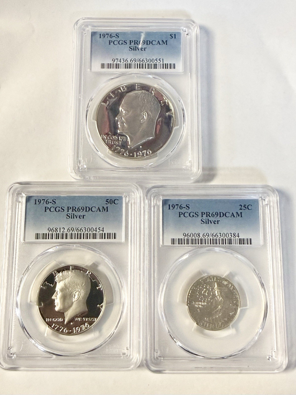 1976 S Silver Set PCGS Graded PR69 DCAM Complete Uncirculated 3 Coin Set 40% 1976 S Silver Set PCGS Graded PR69 DCAM Complete Uncirculated 3 Coin Set 40%