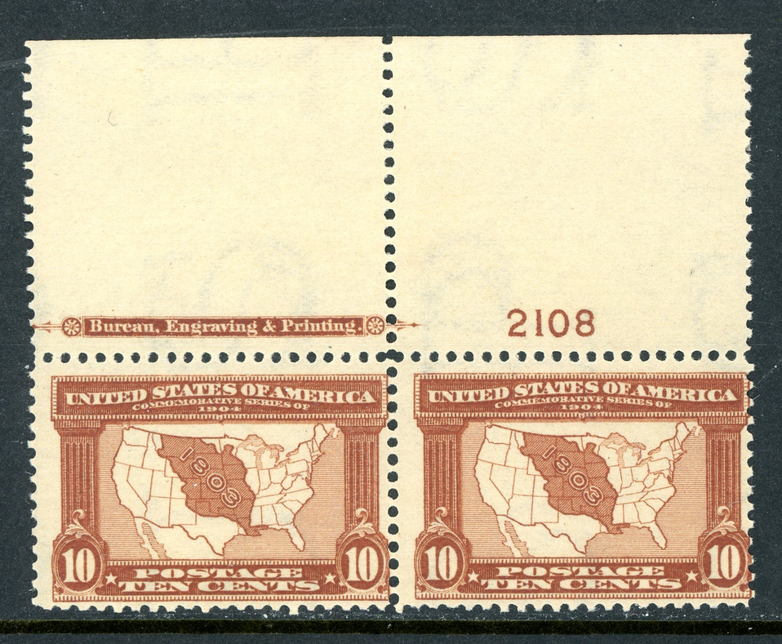 USA 1904 Louisiana Purchase 10¢ Red Brown PNS Inscription Scott 327 Mint C737 USA 1904 Louisiana Purchase 10¢ Red Brown PNS Inscription Scott 327 Mint C737