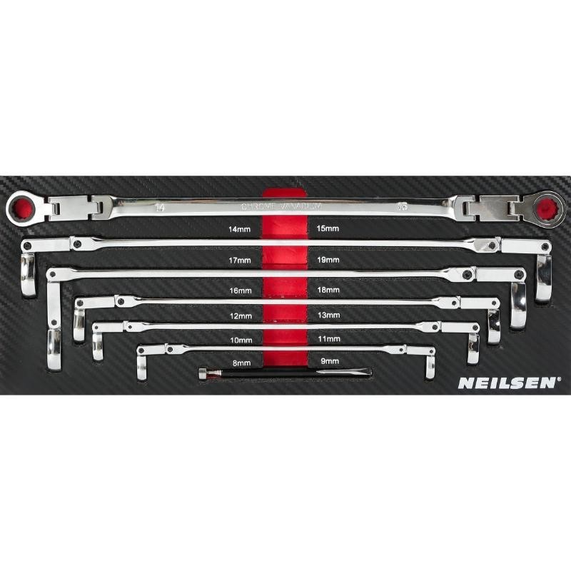 8mm to 19mm Double Jointed Flex Head Long Reach Ratchet Spanner Set NEILSEN