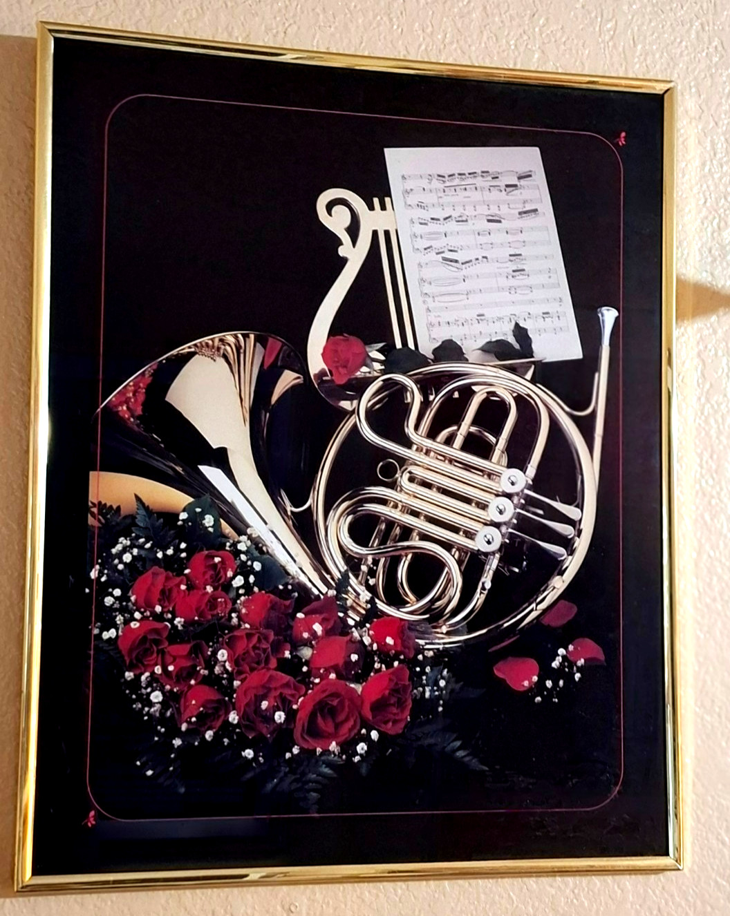 Vintage 1985 French Horn Roses Music Art Print Gold Framed Saint Chateaux Vintage 1985 French Horn Roses Music Art Print Gold Framed Saint Chateaux