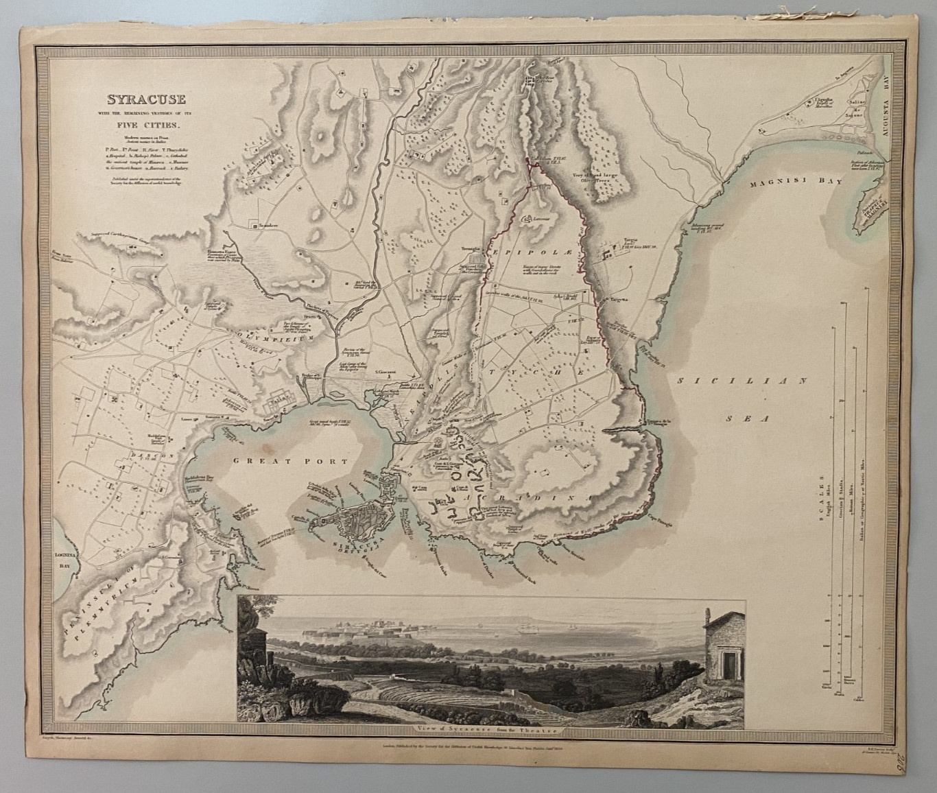 Map of SYRACUSE SDUK City Plan Panoramic Vignette View Antique Engraving Map of SYRACUSE SDUK City Plan Panoramic Vignette View Antique Engraving