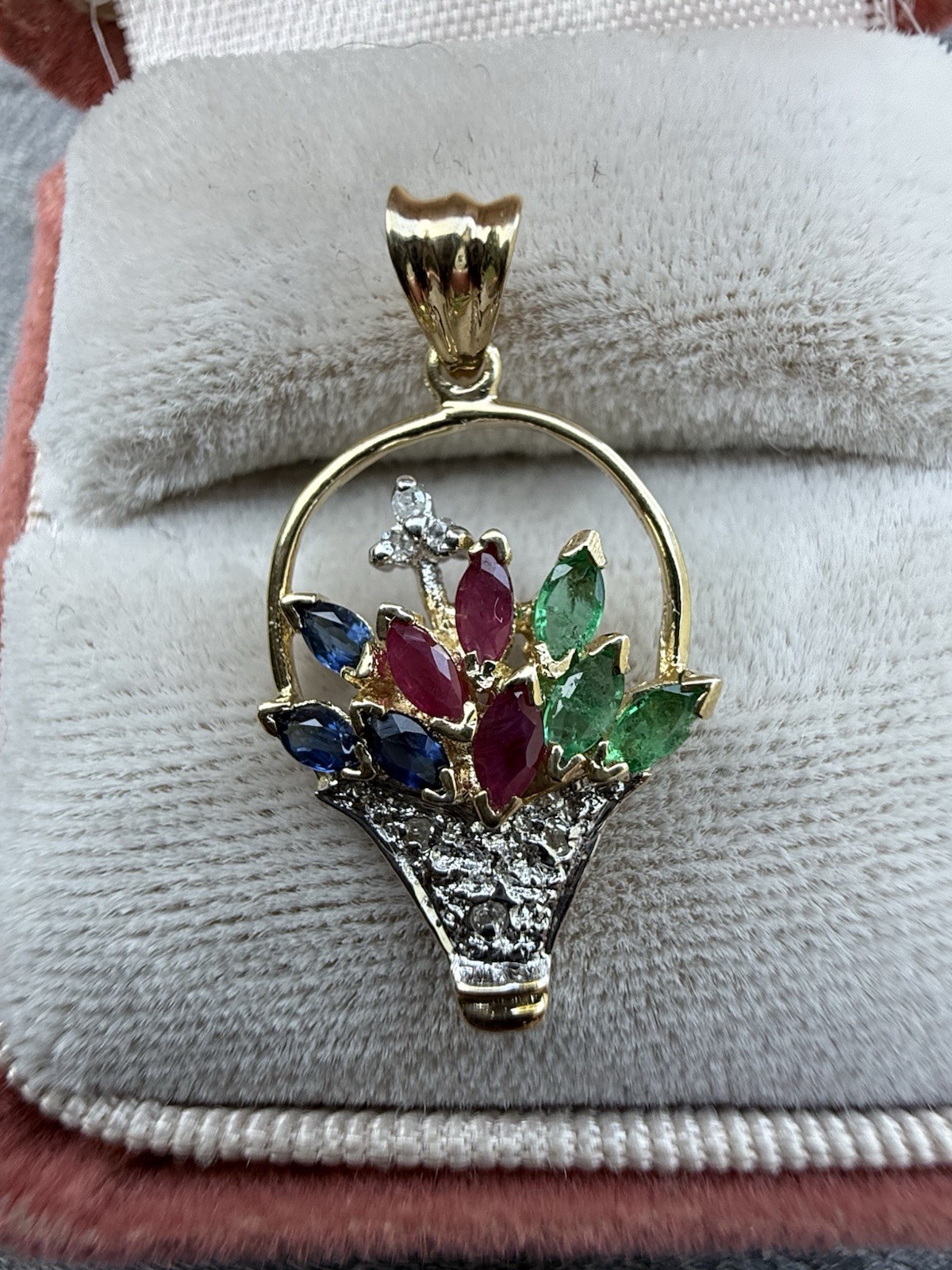 Vintage 14kp Yellow Gold Multi Precious Stone Basket Bouquet 1” Necklace Pendant