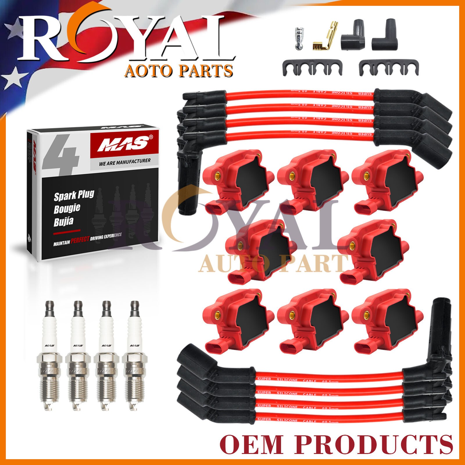 8x UF413 Ignition Coils Red & SP479 Spark Plugs & Wires Set for GMC 5.3/6.0/6.2L 8x UF413 Ignition Coils Red & SP479 Spark Plugs & Wires Set for GMC 5.3/6.0/6.2L