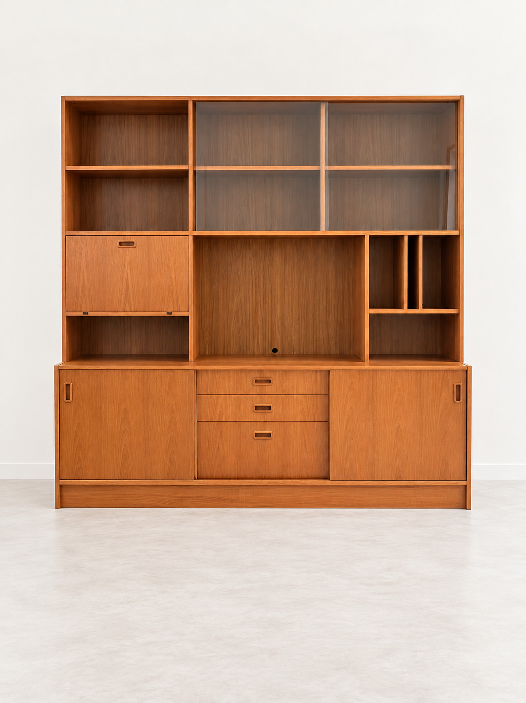Vintage Mid-Century Teak Lighted Wall Unit, Bookcase & Vinyl Record Storage