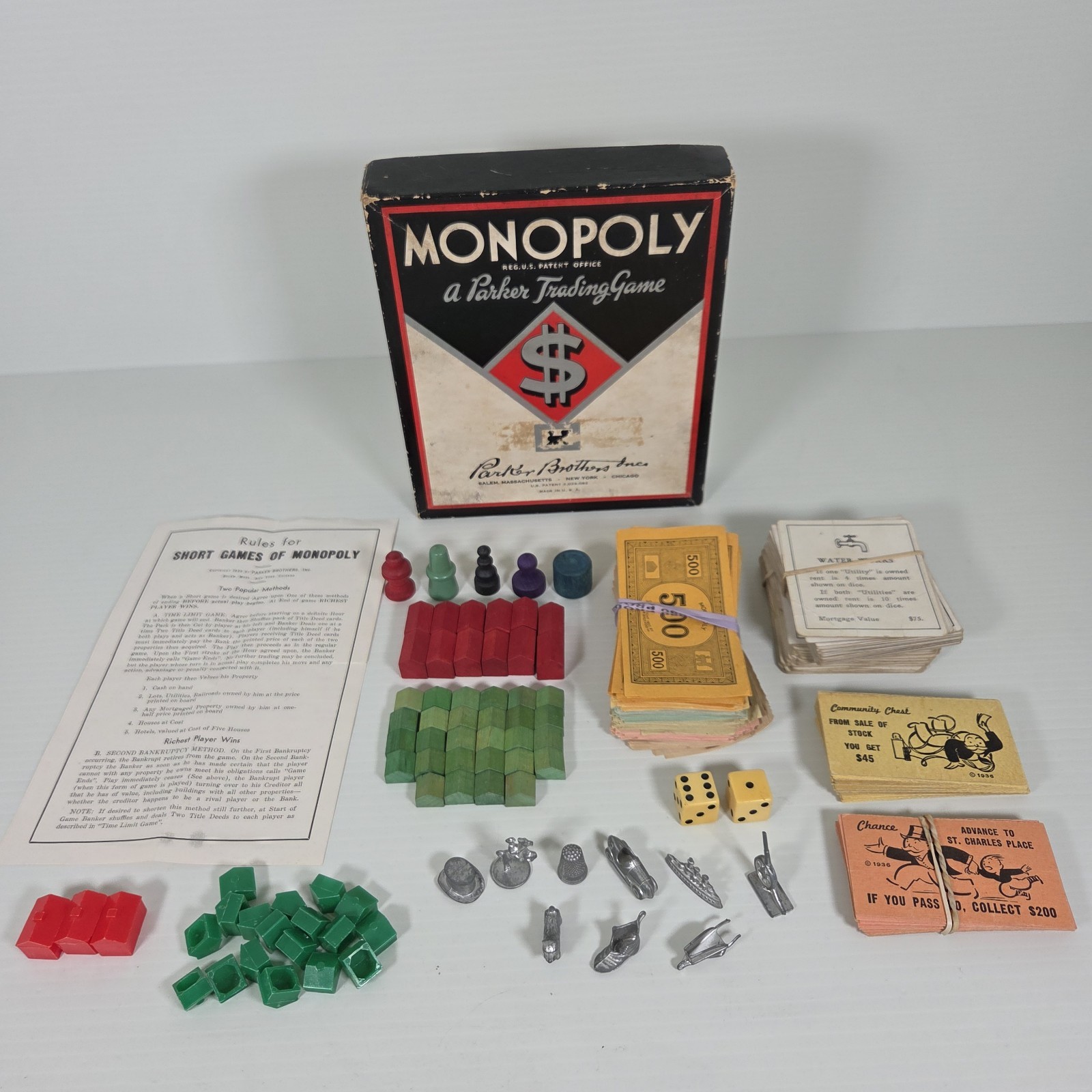 Vintage \'41-\'46 Monopoly Game Wooden Pieces With Box & Instructions No Board Vintage \'41-\'46 Monopoly Game Wooden Pieces With Box & Instructions No Board