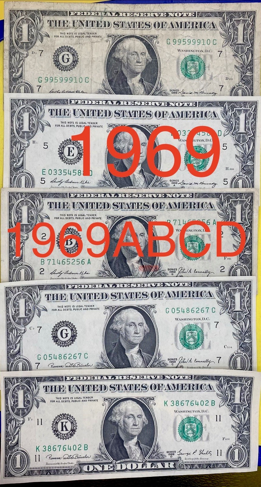 Vintage 5 Notes 1969 A B C D Series Set Fancy Serial Number One Dollar Bill DC