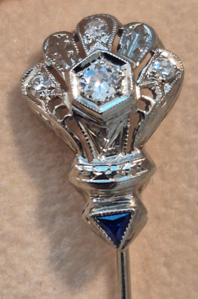 Vintage Art Deco 14k White Gold Natural Diamond Filigree Stick Pin 1920’s 2.3 g Vintage Art Deco 14k White Gold Natural Diamond Filigree Stick Pin 1920’s 2.3 g