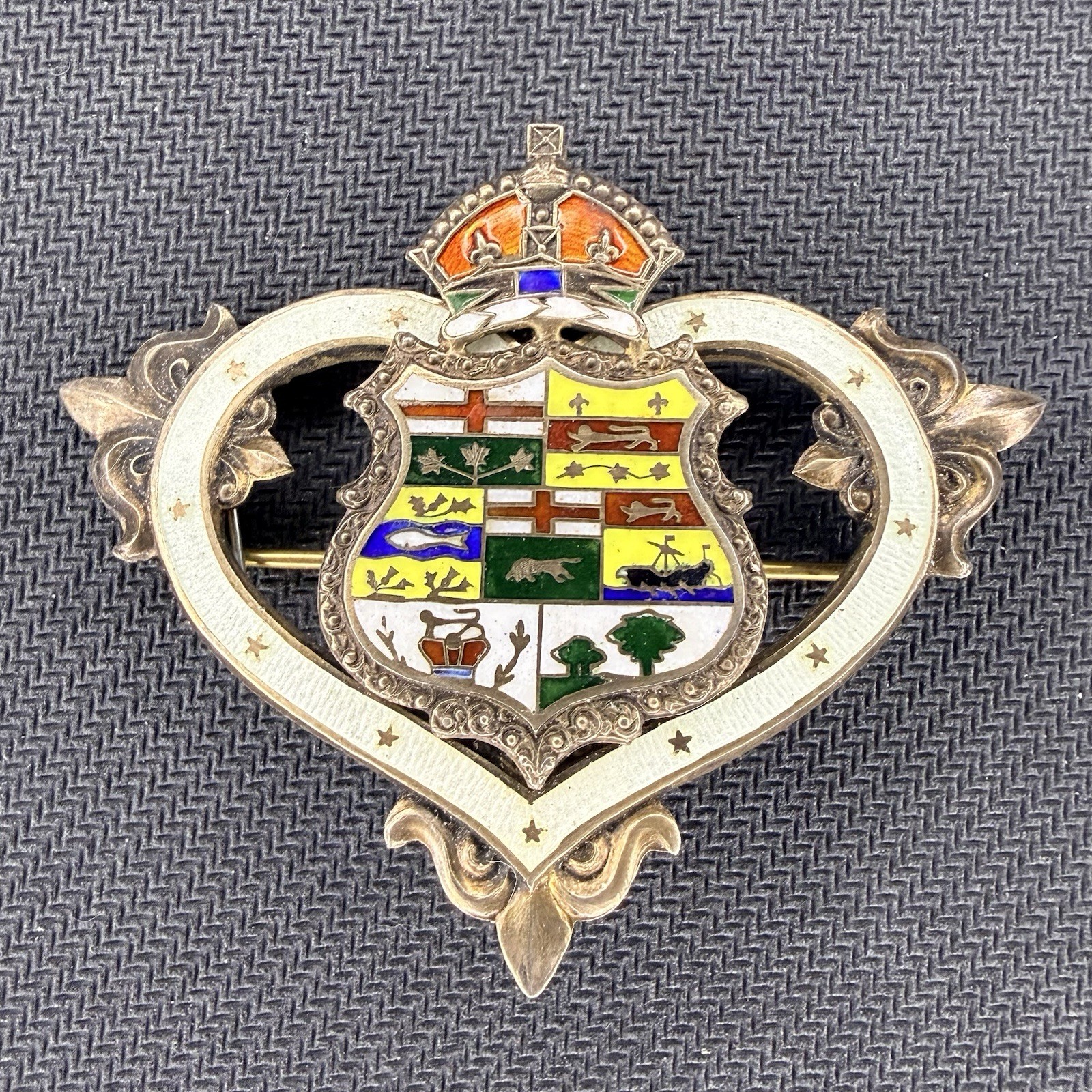 1902 Antique 925 Silver Large Canadian Coat of Arms Enamel Brooch 28.7g 75x62 mm