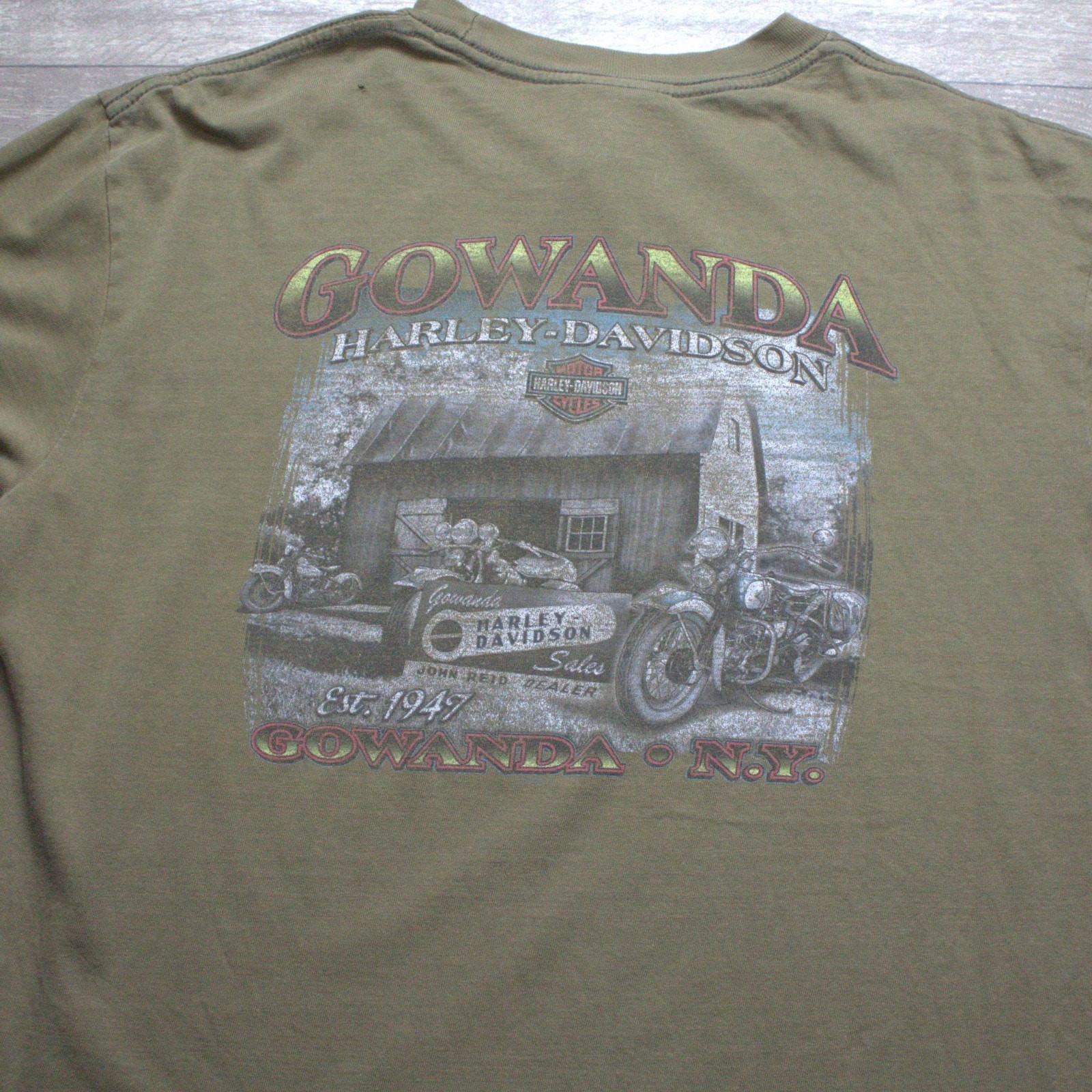 Vintage Harley Davidson Gowanda NY T Shirt Mens L Olive Double Sided Biker
