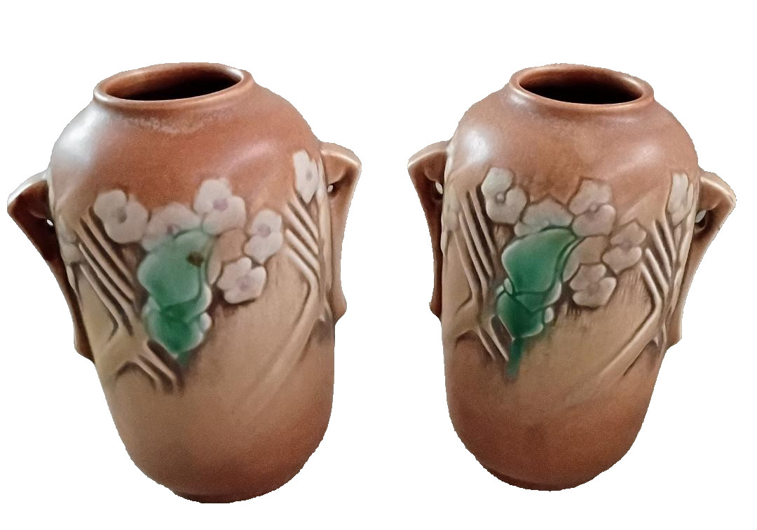 VINTAGE ROSEVILLE POTTERY BROWN CLEMANA VASES#749-6 DOUBLE HANDLE ART DECO PAIR VINTAGE ROSEVILLE POTTERY BROWN CLEMANA VASES#749-6 DOUBLE HANDLE ART DECO PAIR